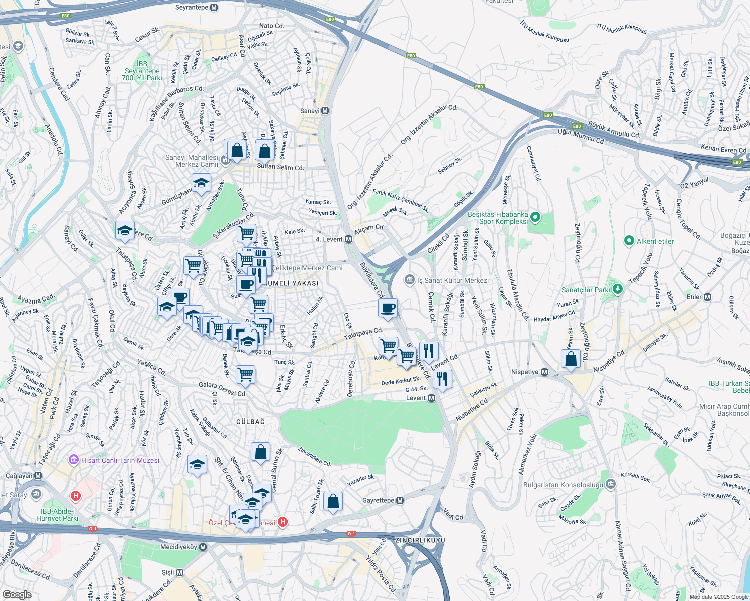 map of restaurants, bars, coffee shops, grocery stores, and more near Tekfen Tower in Şişli