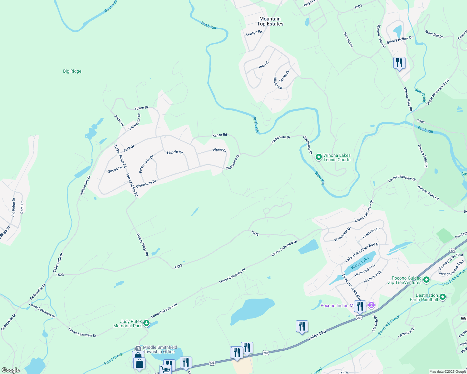 map of restaurants, bars, coffee shops, grocery stores, and more near 1109 Alpine Drive in East Stroudsburg