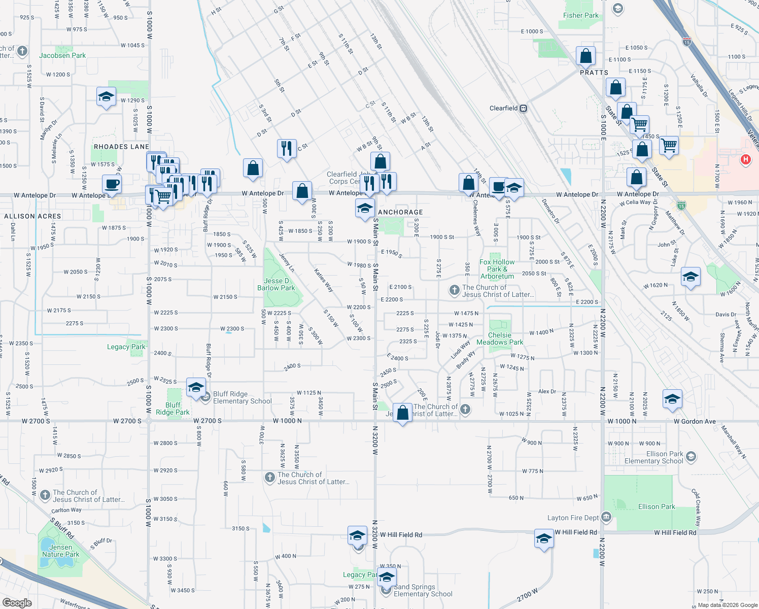 map of restaurants, bars, coffee shops, grocery stores, and more near 2205 South Main Street in Clearfield