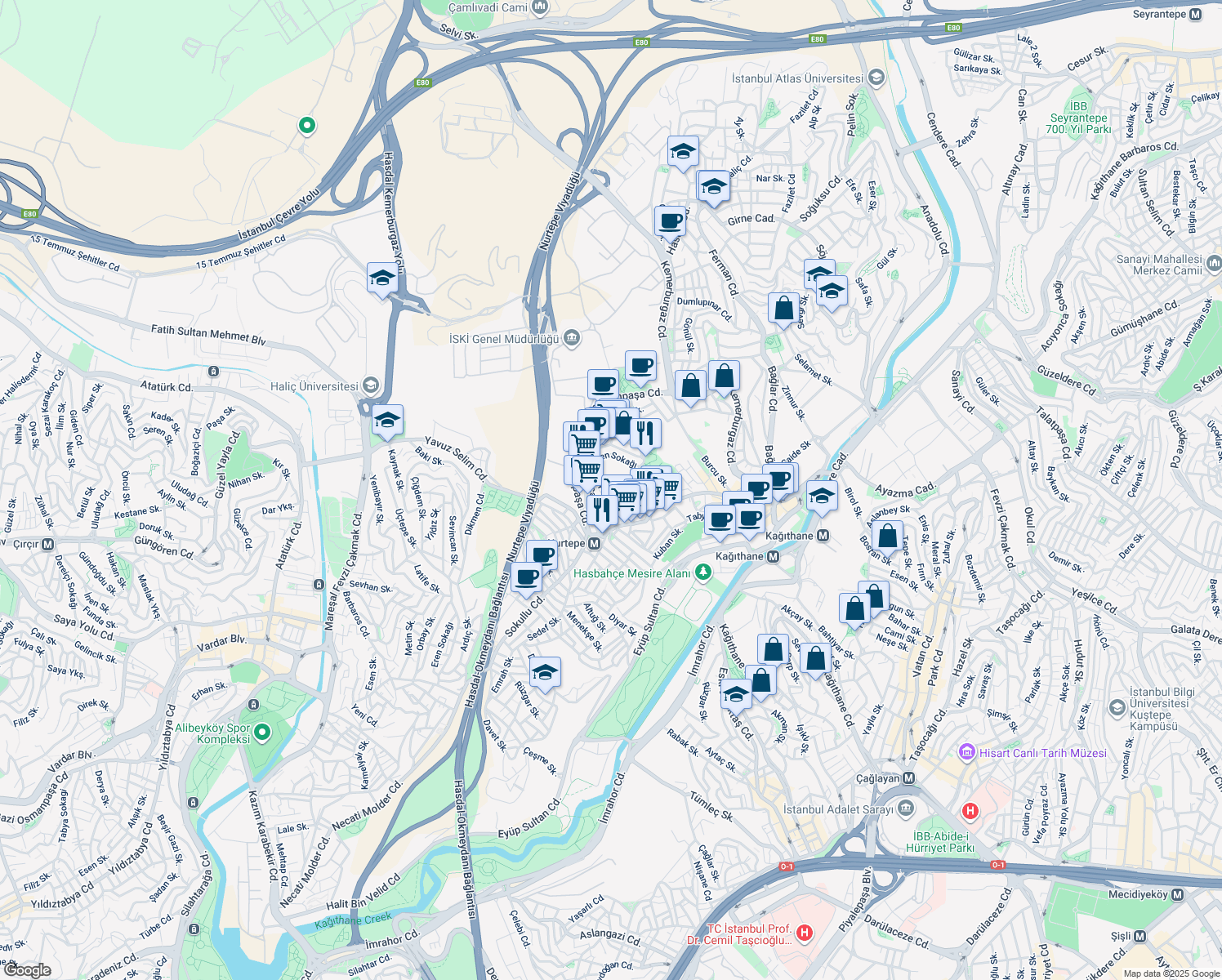 map of restaurants, bars, coffee shops, grocery stores, and more near 20 Alibeyköy Caddesi in Kağıthane