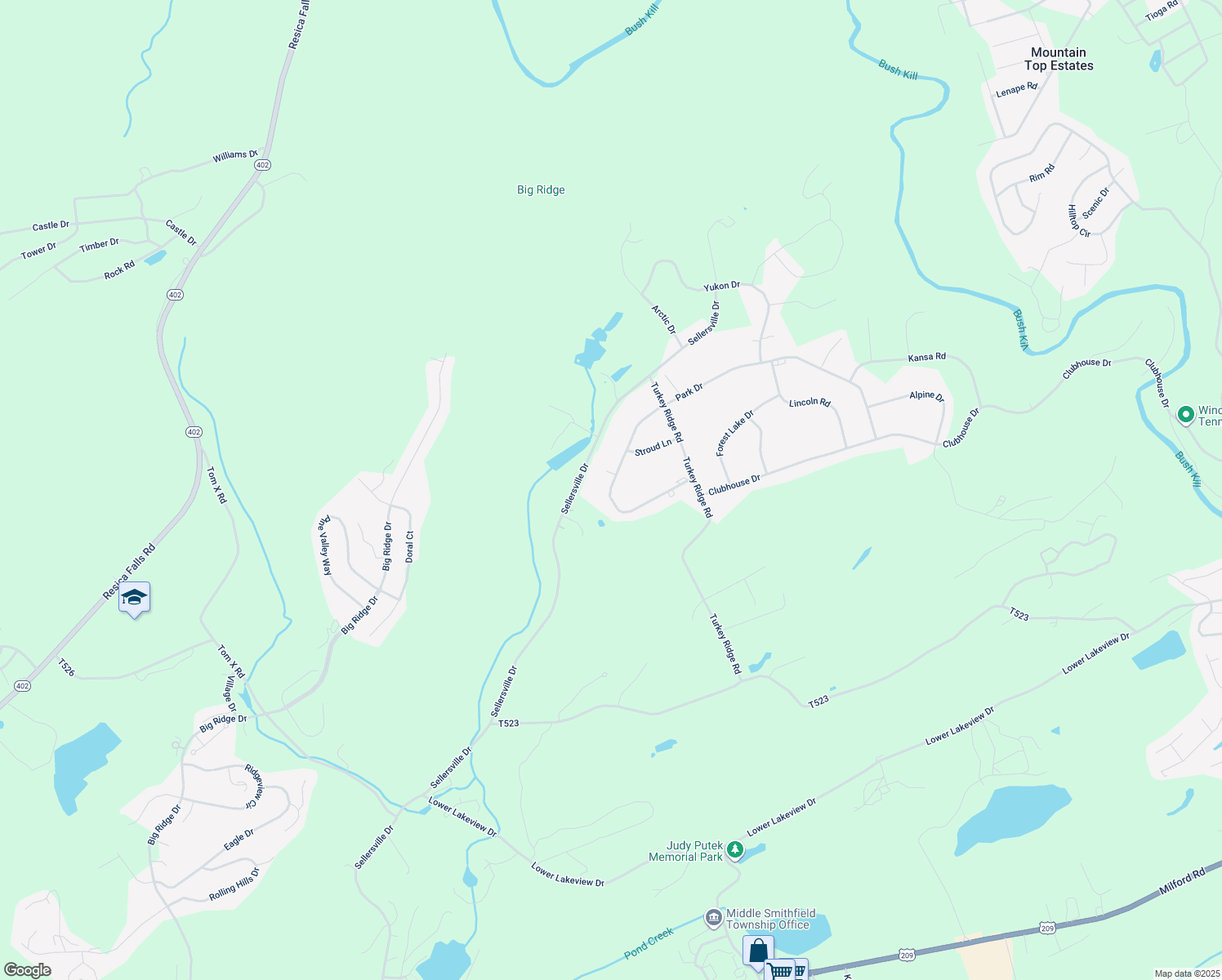 map of restaurants, bars, coffee shops, grocery stores, and more near 1311 Park Drive in East Stroudsburg