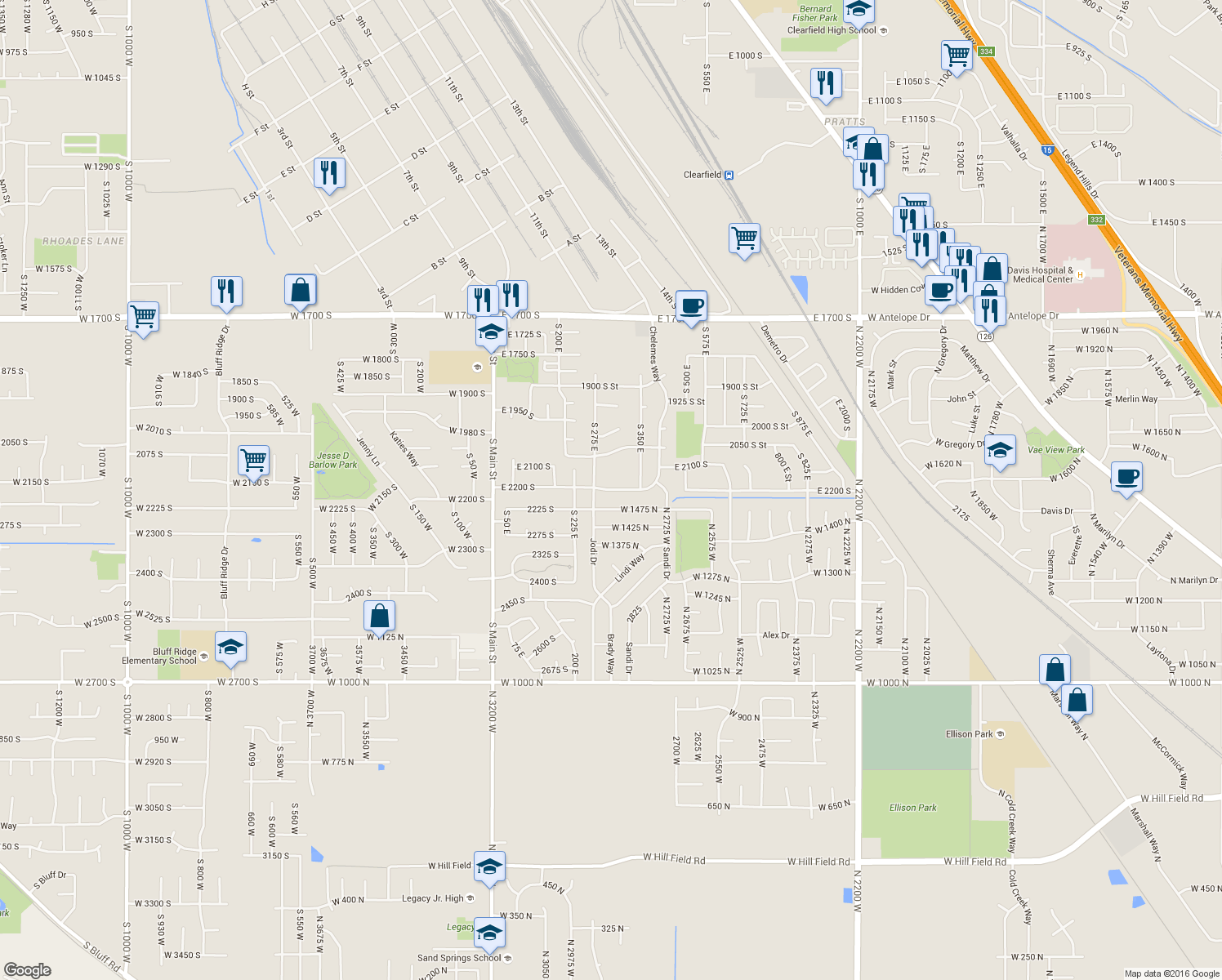 map of restaurants, bars, coffee shops, grocery stores, and more near 294 East 2200 South in Clearfield
