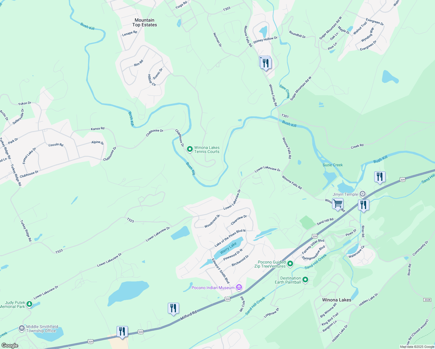 map of restaurants, bars, coffee shops, grocery stores, and more near 1162 Stony Creek Road in East Stroudsburg