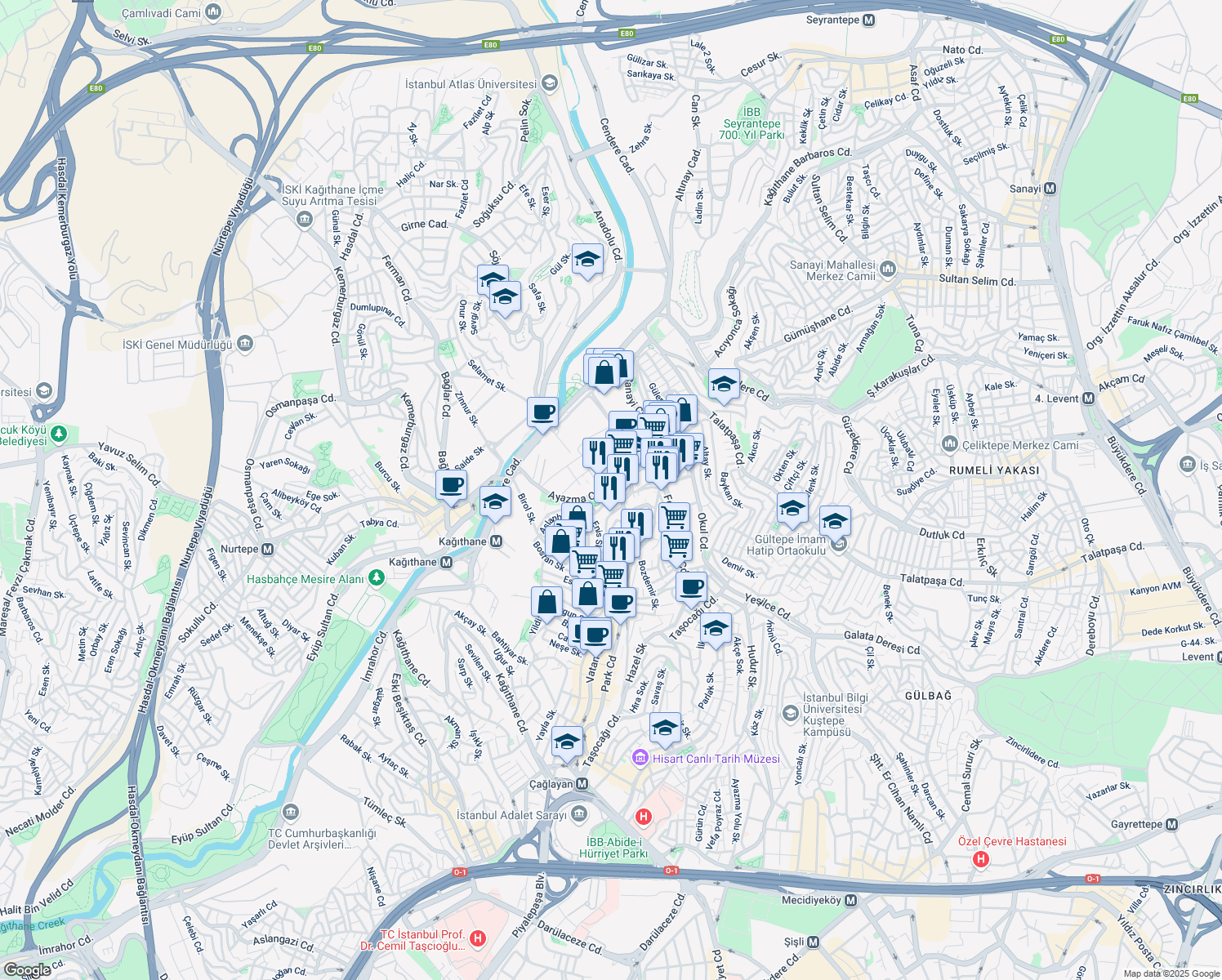 map of restaurants, bars, coffee shops, grocery stores, and more near Ayazma Caddesi in Kâğıthane