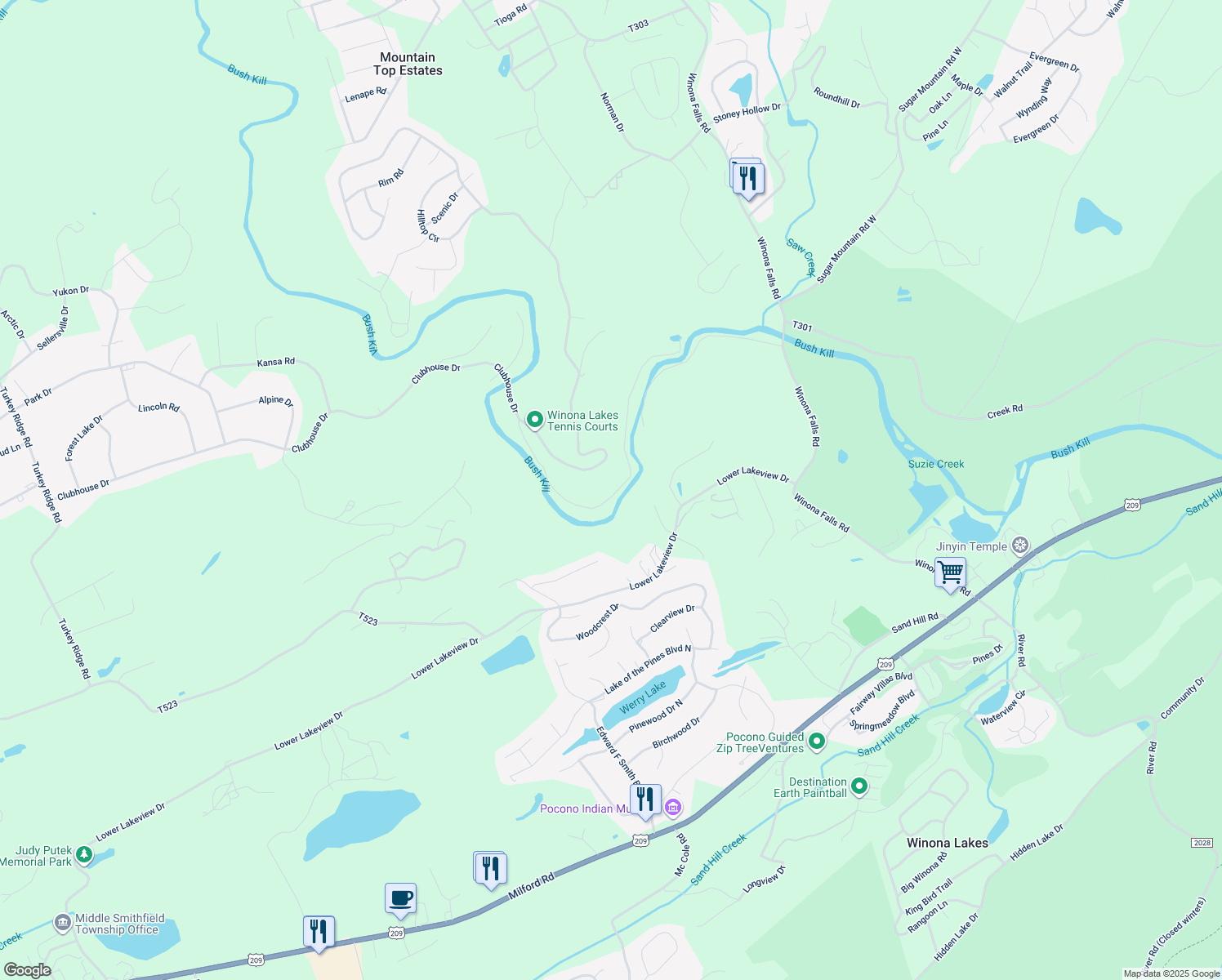 map of restaurants, bars, coffee shops, grocery stores, and more near 1162 Stony Creek Road in East Stroudsburg