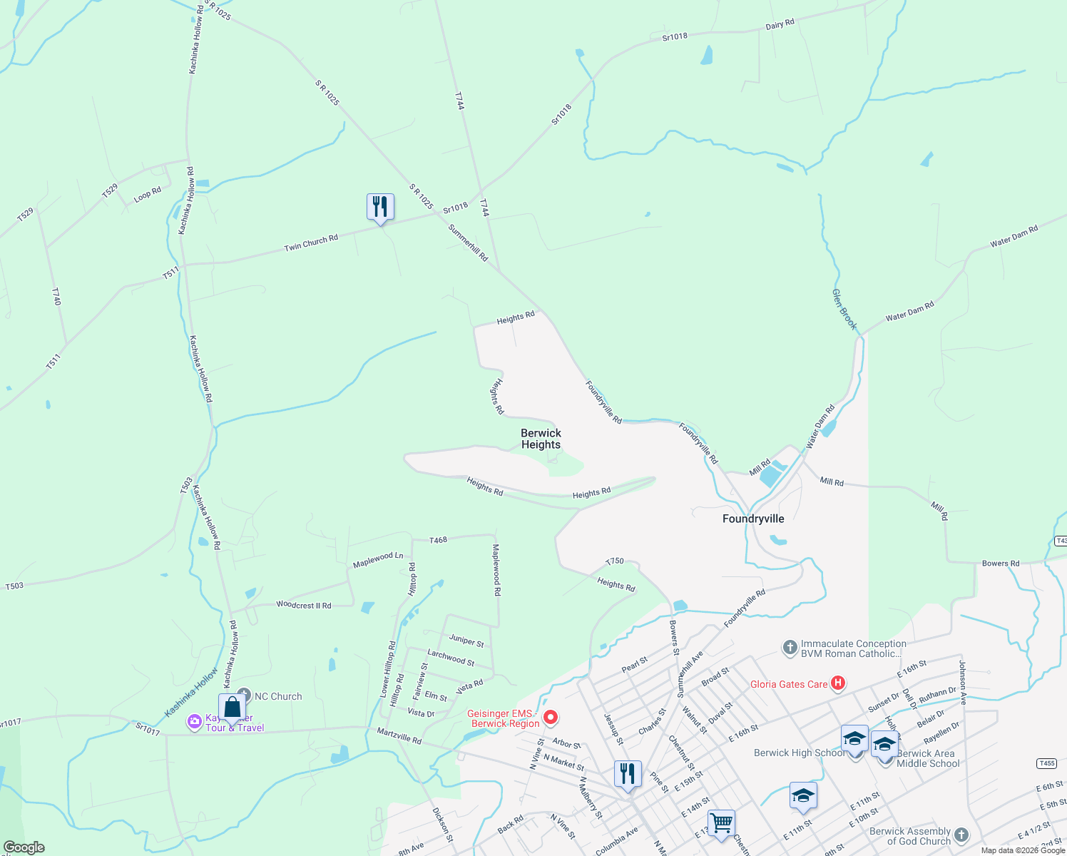 map of restaurants, bars, coffee shops, grocery stores, and more near 2566 Heights Road in Berwick