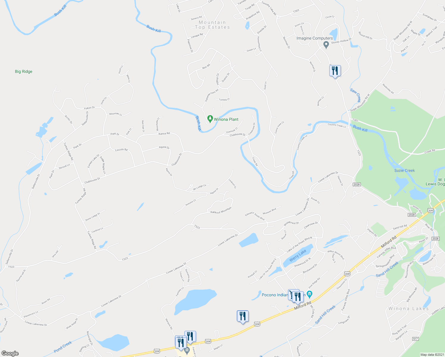 map of restaurants, bars, coffee shops, grocery stores, and more near 1201 Alpine Drive in East Stroudsburg