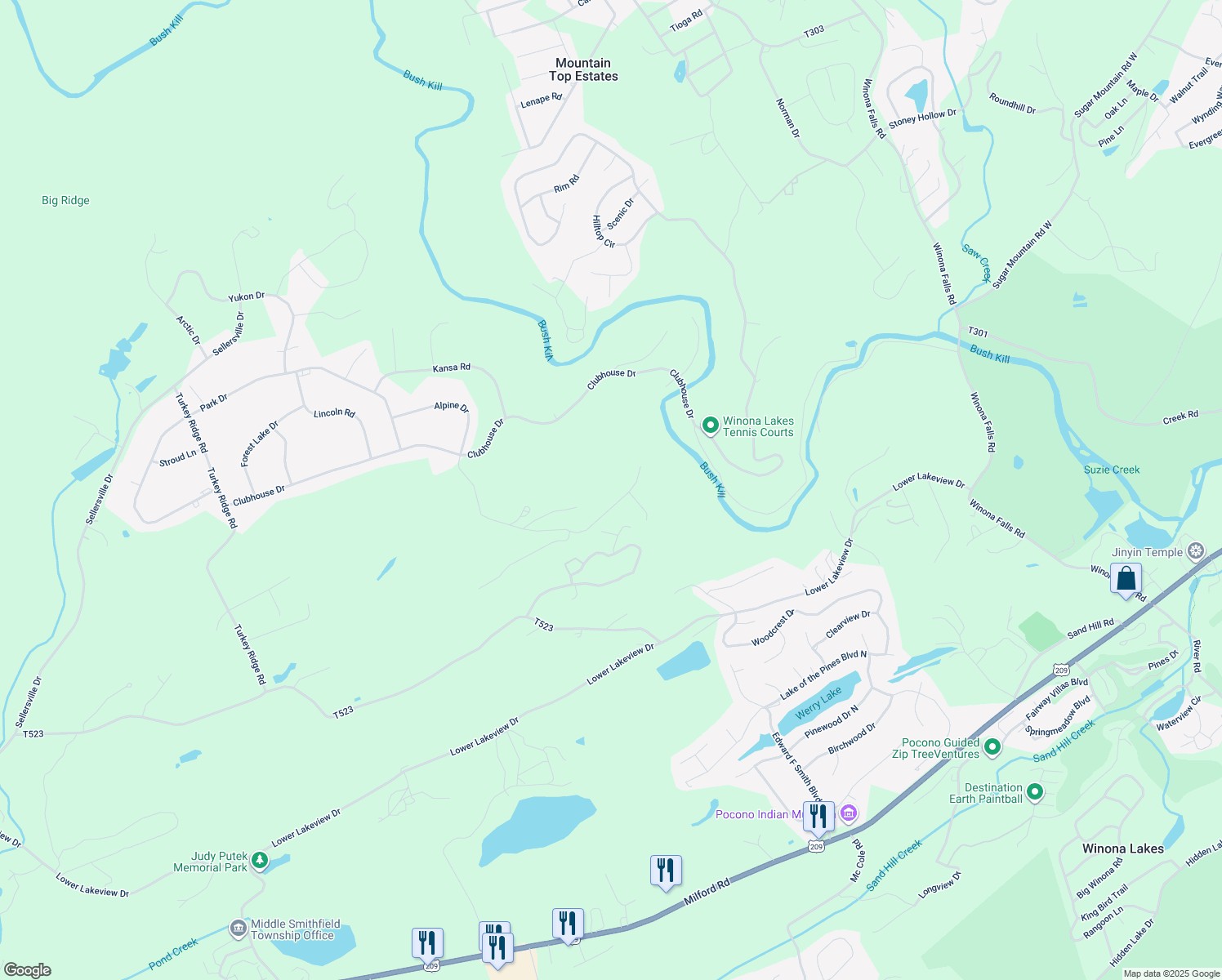 map of restaurants, bars, coffee shops, grocery stores, and more near 1201 Alpine Drive in East Stroudsburg