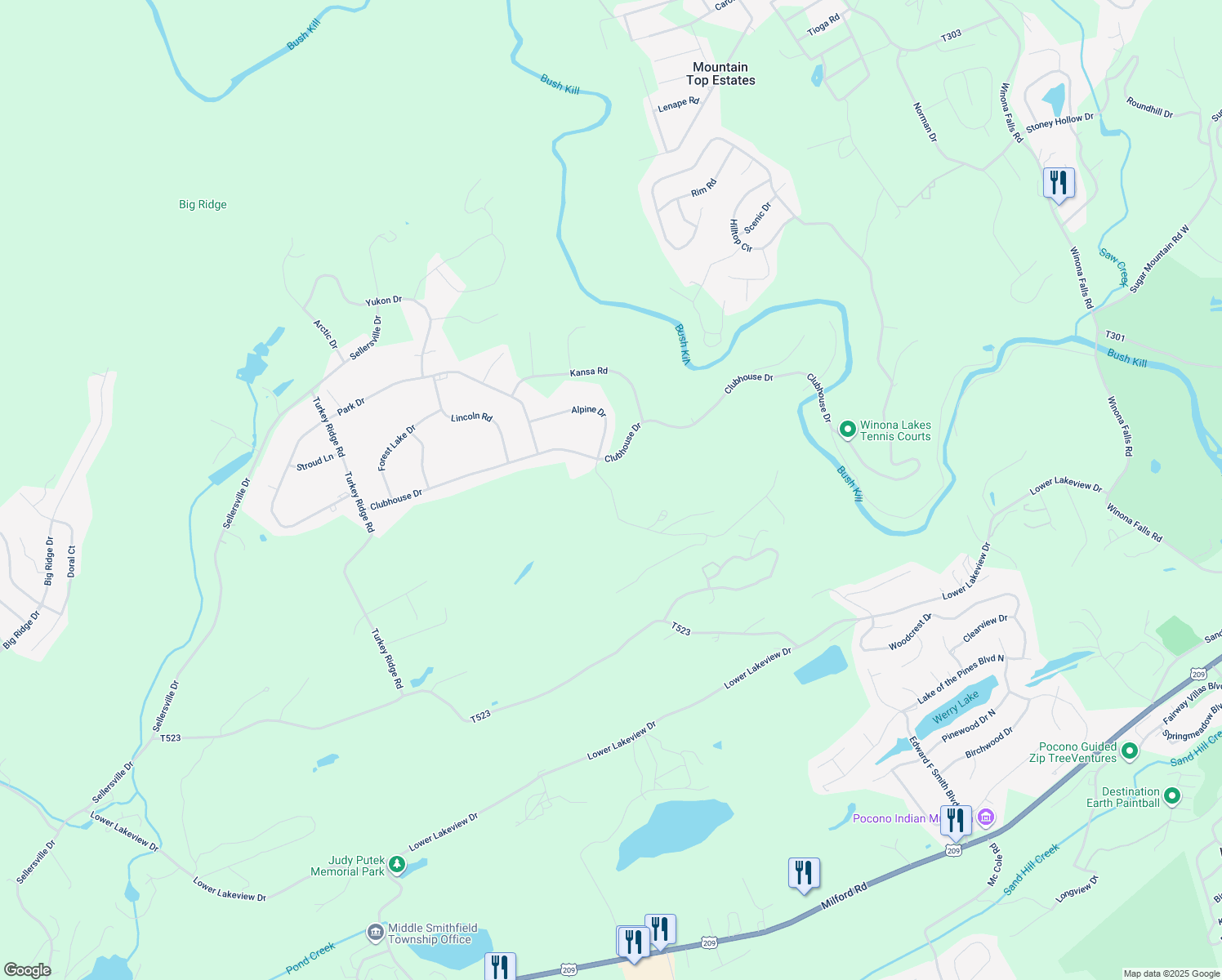 map of restaurants, bars, coffee shops, grocery stores, and more near Alpine Drive in Monroe County