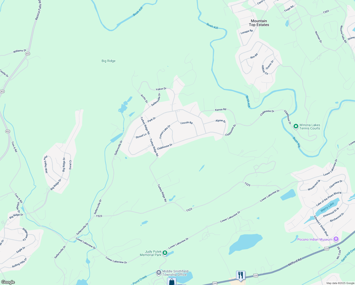 map of restaurants, bars, coffee shops, grocery stores, and more near 264 Clubhouse Drive in East Stroudsburg