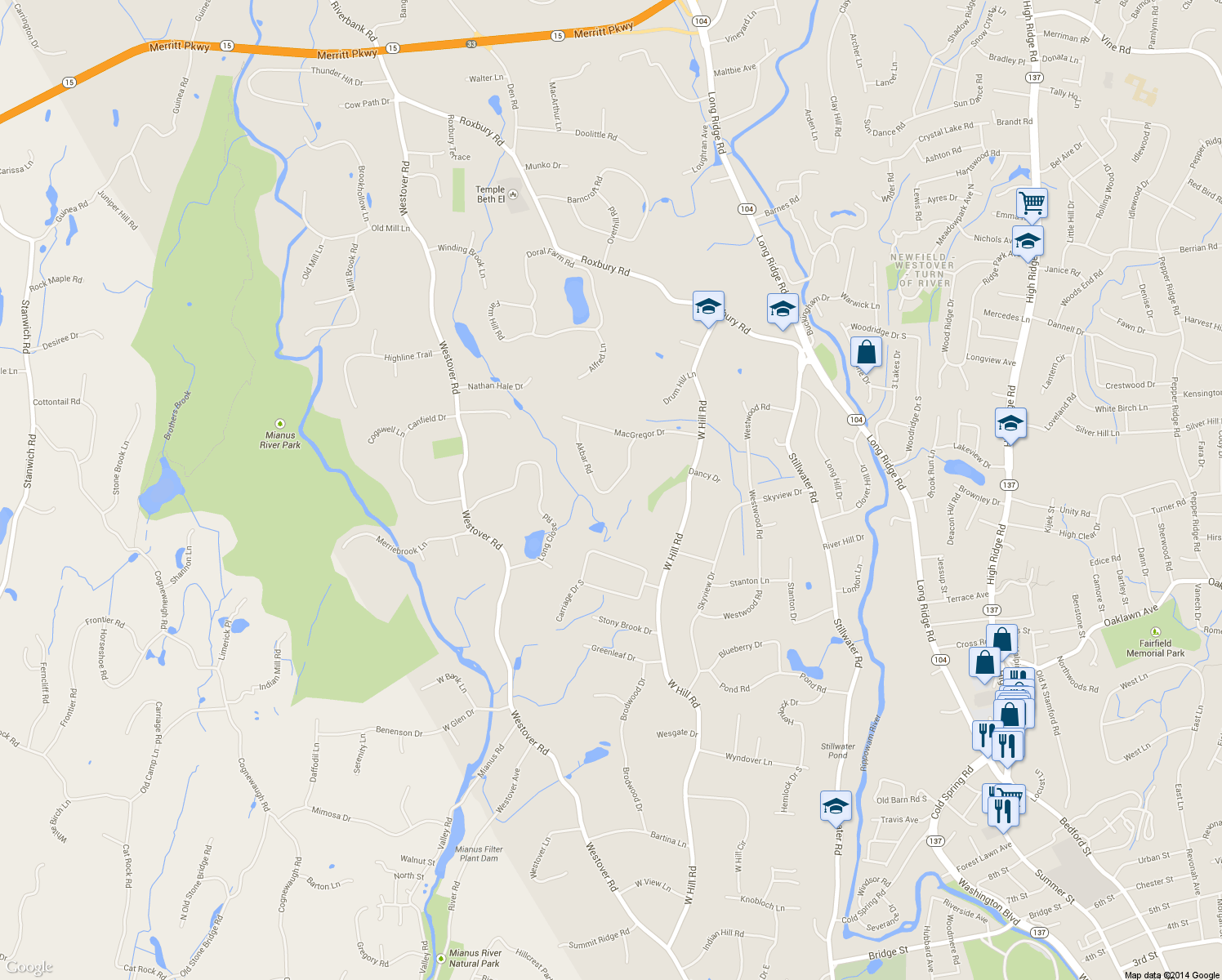 map of restaurants, bars, coffee shops, grocery stores, and more near 72 Akbar Rd in Stamford