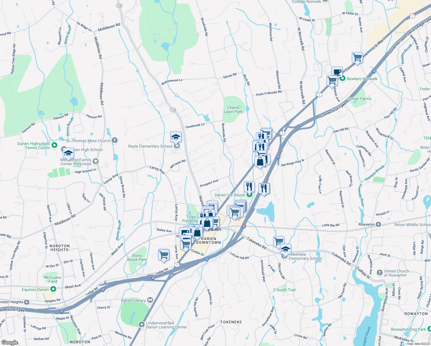map of restaurants, bars, coffee shops, grocery stores, and more near 10 Morehouse Dr in Darien