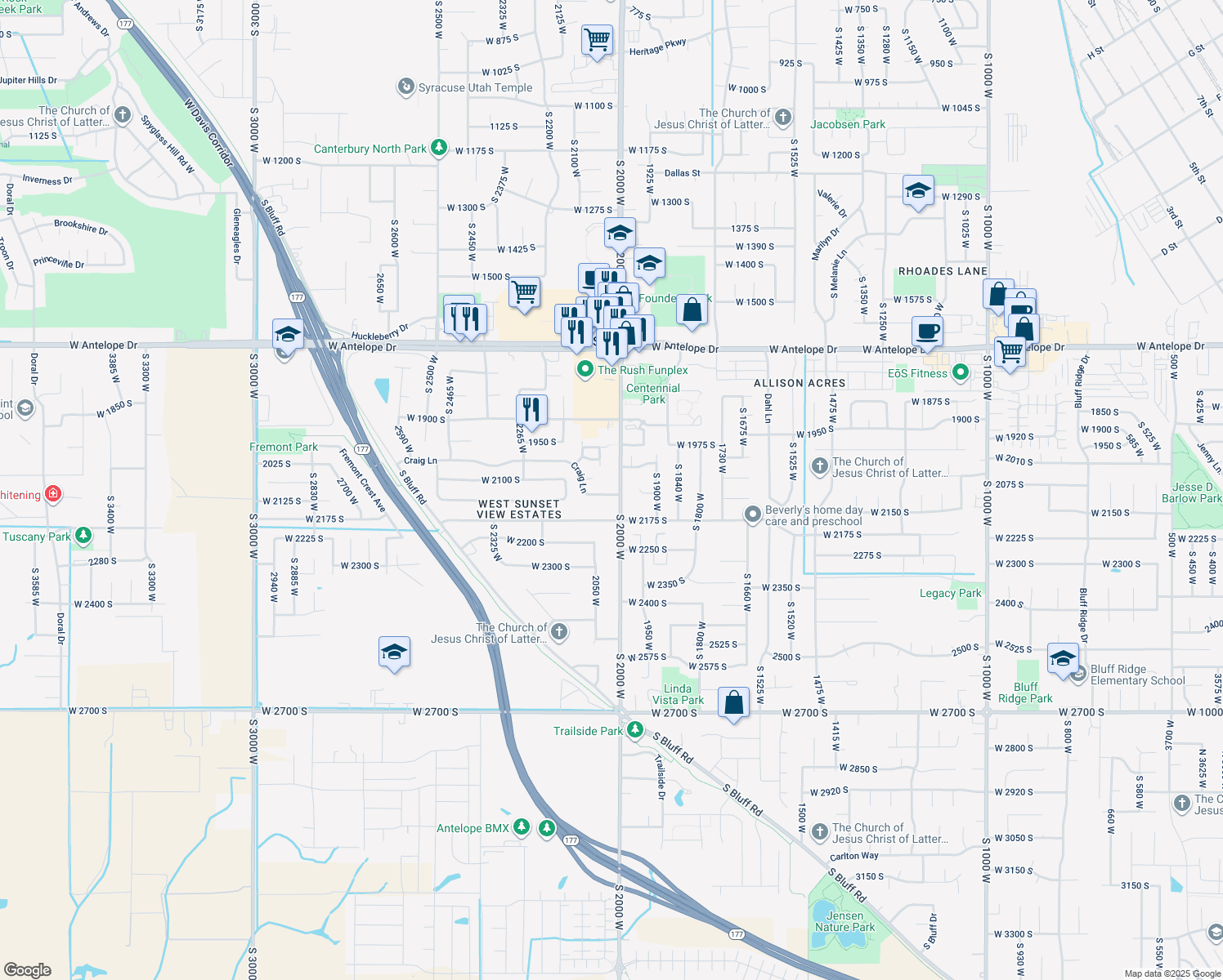 map of restaurants, bars, coffee shops, grocery stores, and more near 2092 South 2000 West in Syracuse