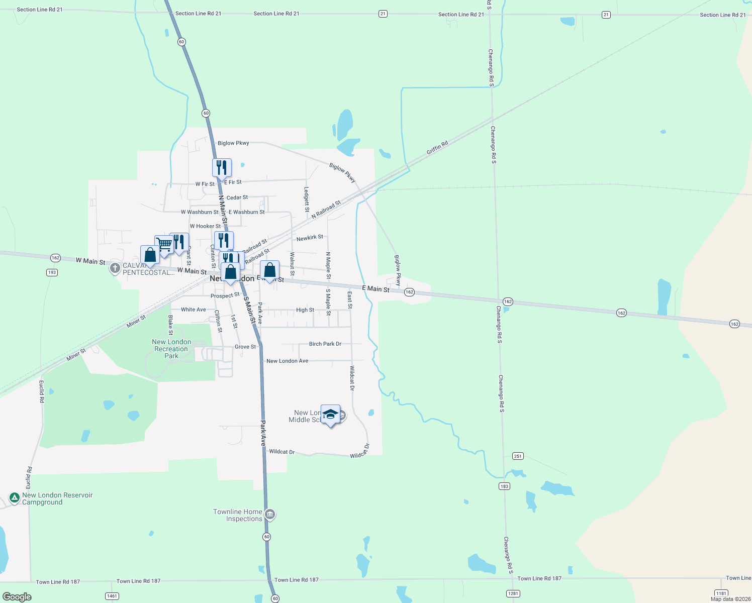 map of restaurants, bars, coffee shops, grocery stores, and more near 260 E Main St in New London