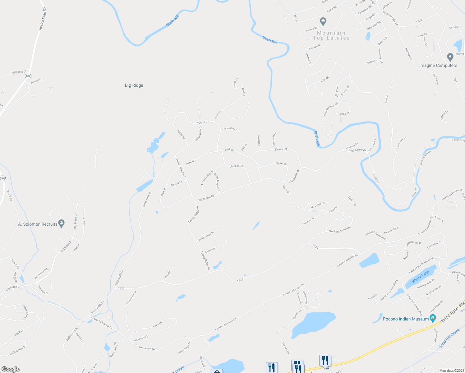 map of restaurants, bars, coffee shops, grocery stores, and more near 167 Clubhouse Drive in East Stroudsburg