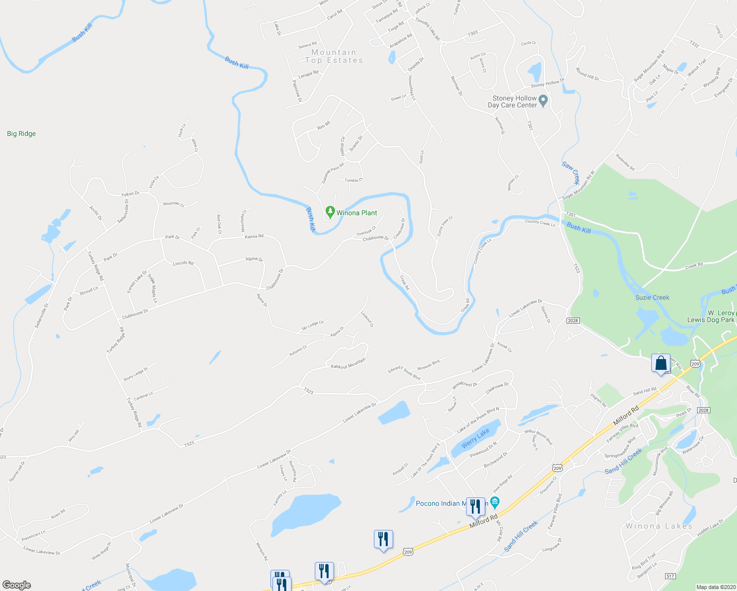 map of restaurants, bars, coffee shops, grocery stores, and more near 1803 Alpine Drive in East Stroudsburg