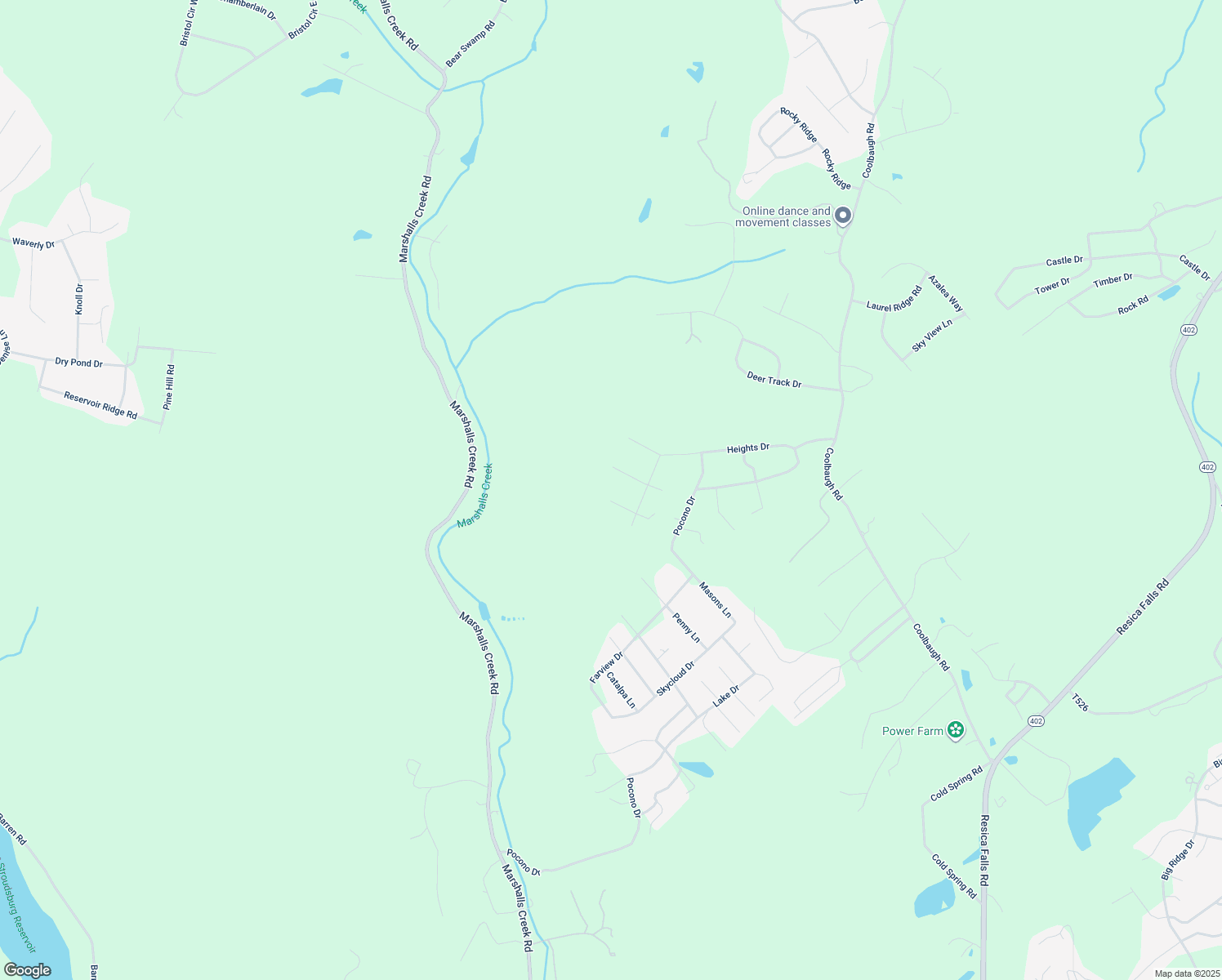 map of restaurants, bars, coffee shops, grocery stores, and more near 3928 Lois Lane in East Stroudsburg