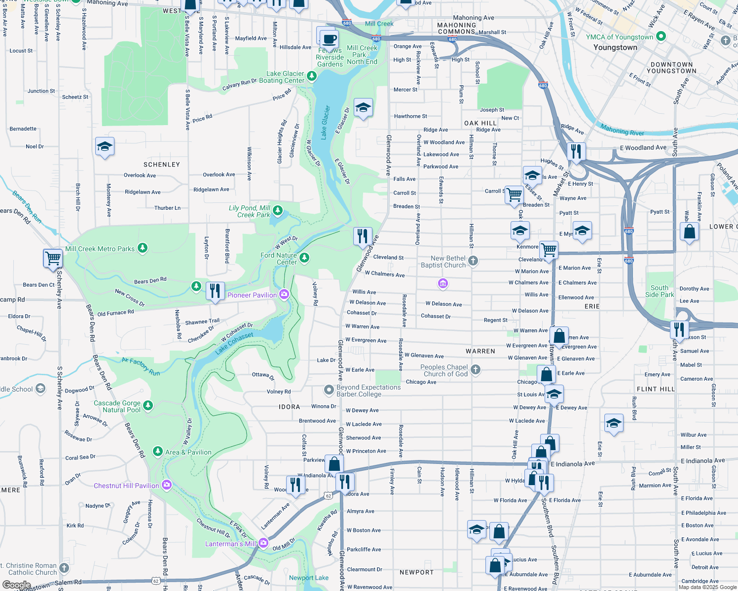 map of restaurants, bars, coffee shops, grocery stores, and more near 605 Willis Ave in Youngstown