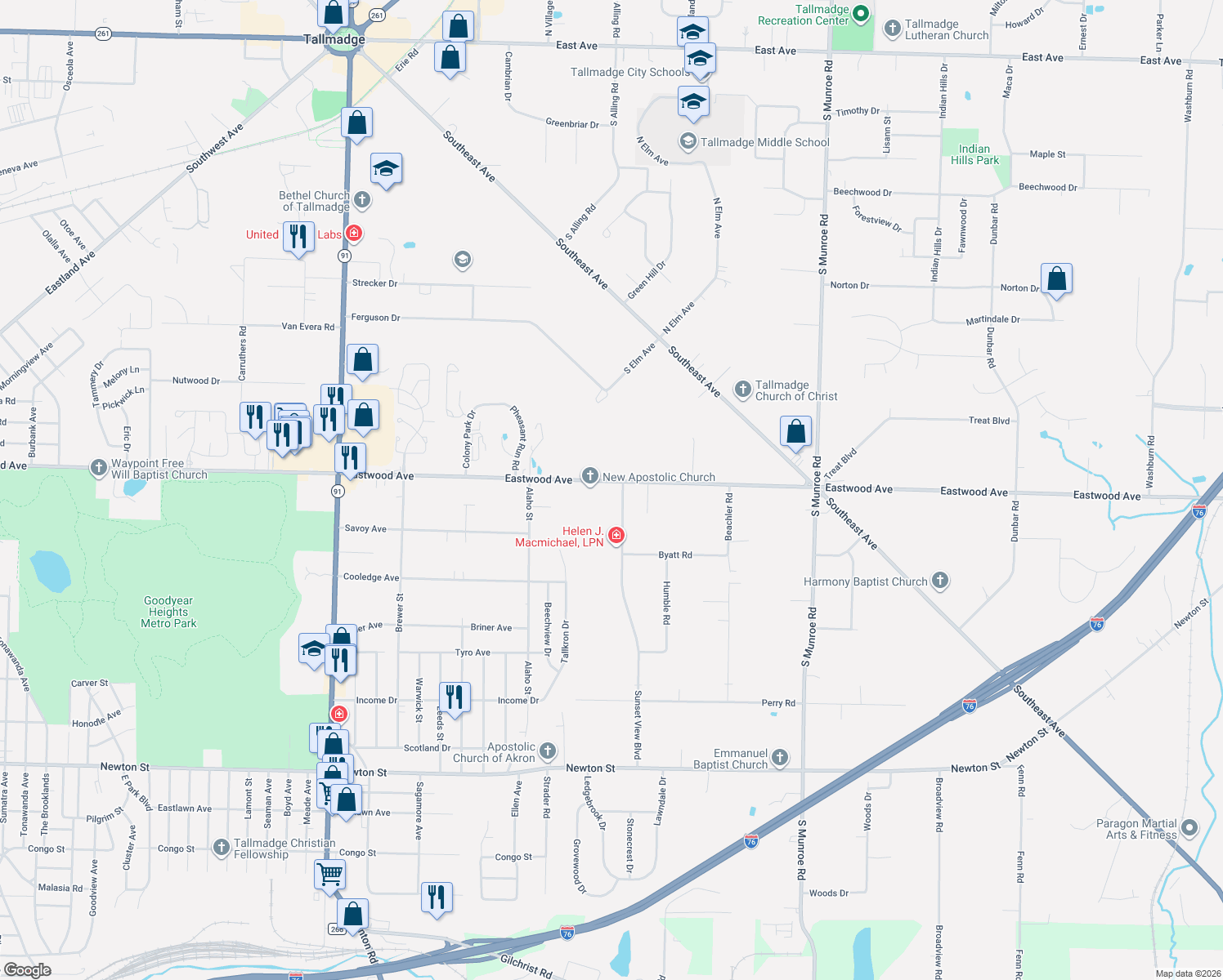 map of restaurants, bars, coffee shops, grocery stores, and more near 388 Eastwood Avenue in Tallmadge