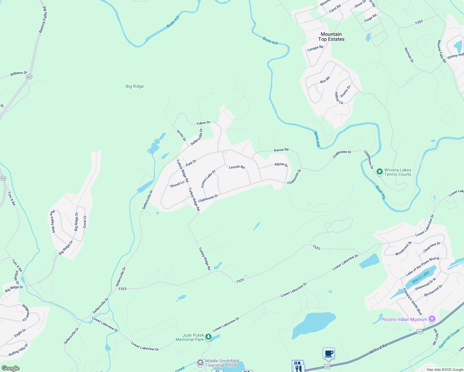 map of restaurants, bars, coffee shops, grocery stores, and more near 167 Clubhouse Drive in East Stroudsburg