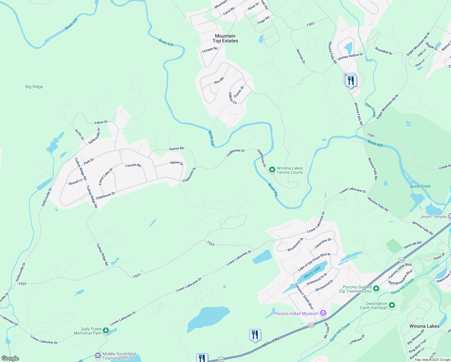 map of restaurants, bars, coffee shops, grocery stores, and more near Alpine Drive in Monroe County