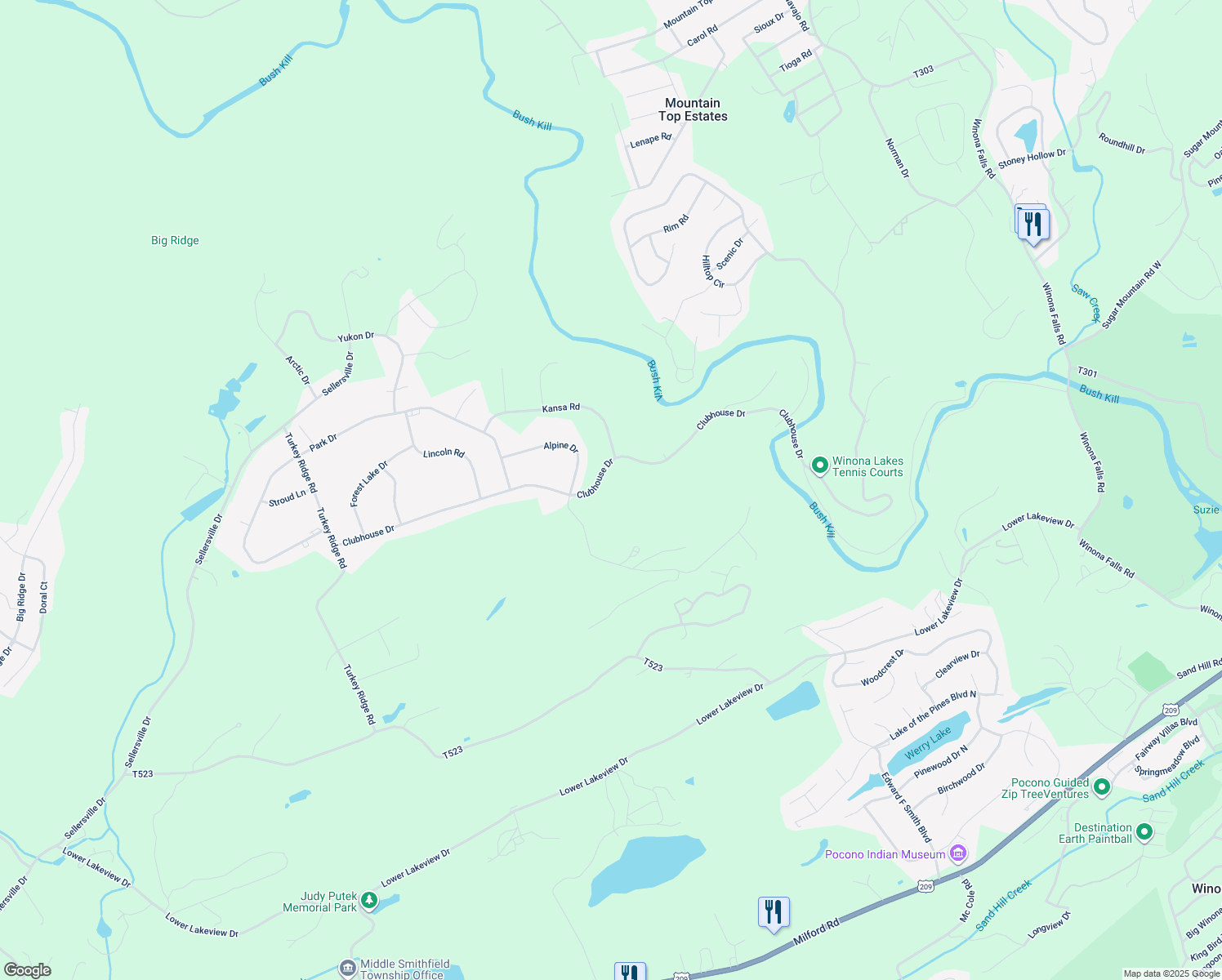 map of restaurants, bars, coffee shops, grocery stores, and more near 264 Clubhouse Drive in East Stroudsburg