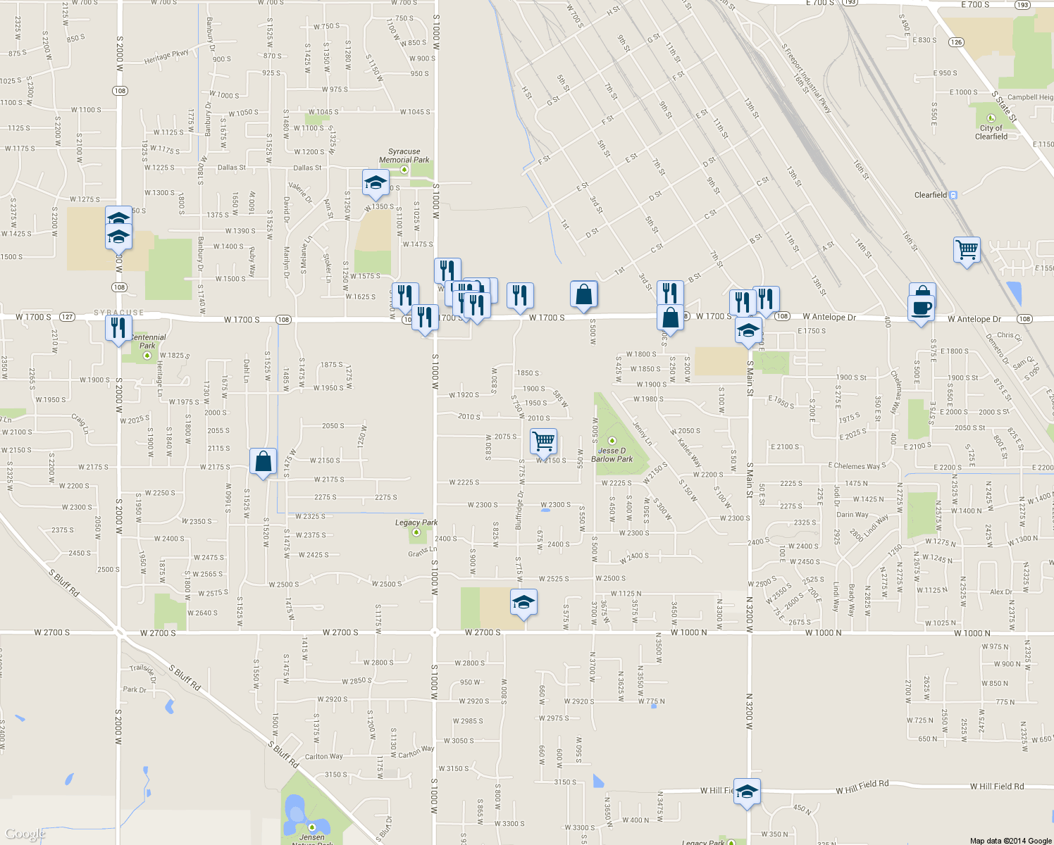 map of restaurants, bars, coffee shops, grocery stores, and more near 711 West 2010 South in Syracuse