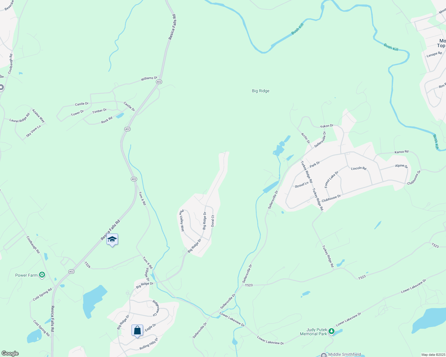 map of restaurants, bars, coffee shops, grocery stores, and more near 1202 Big Ridge Drive in East Stroudsburg