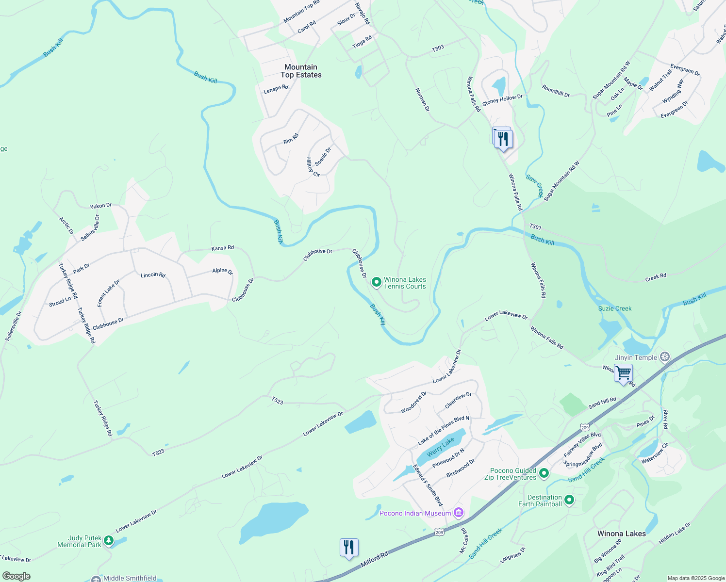 map of restaurants, bars, coffee shops, grocery stores, and more near 1239 Stony Creek Road in East Stroudsburg