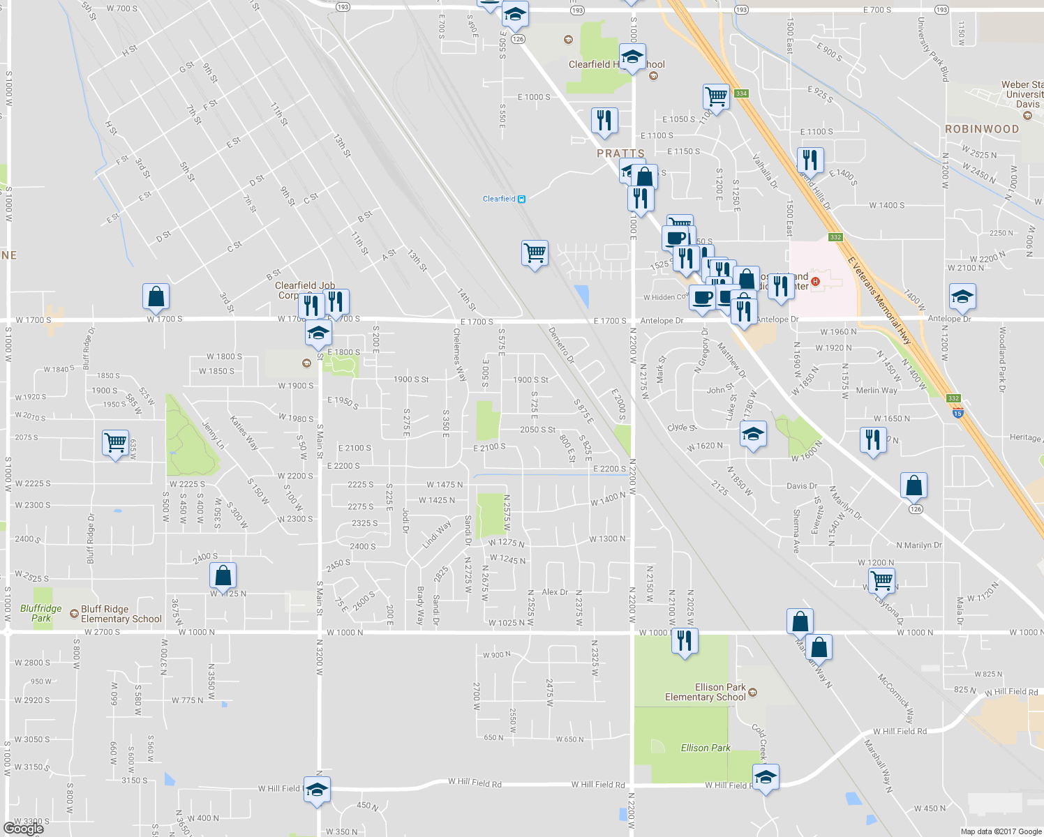 map of restaurants, bars, coffee shops, grocery stores, and more near 668 East 2000 South in Clearfield