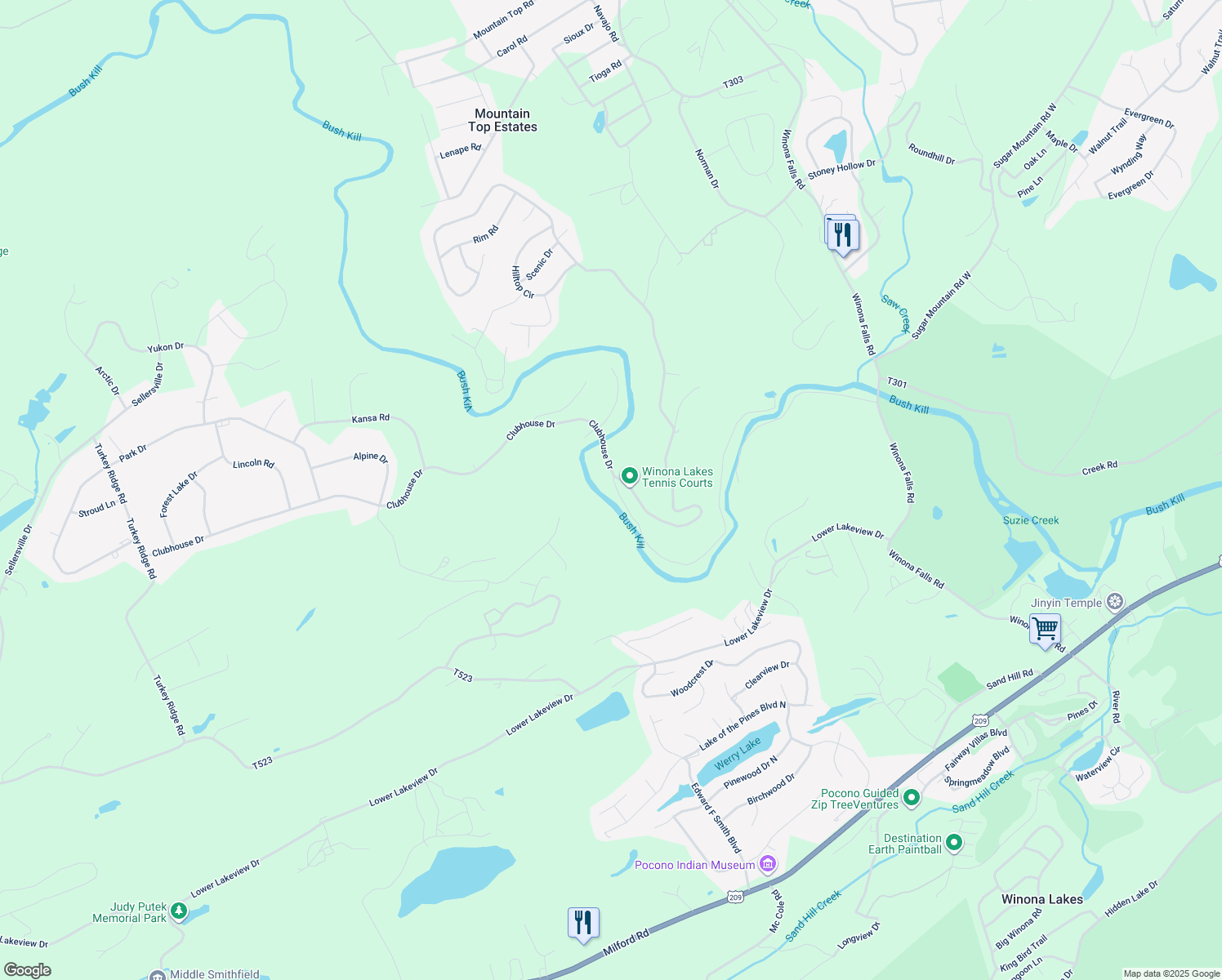 map of restaurants, bars, coffee shops, grocery stores, and more near 1239 Stony Creek Road in East Stroudsburg