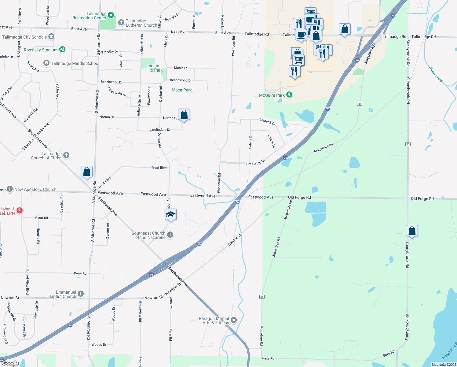 map of restaurants, bars, coffee shops, grocery stores, and more near 585 Washburn Road in Tallmadge