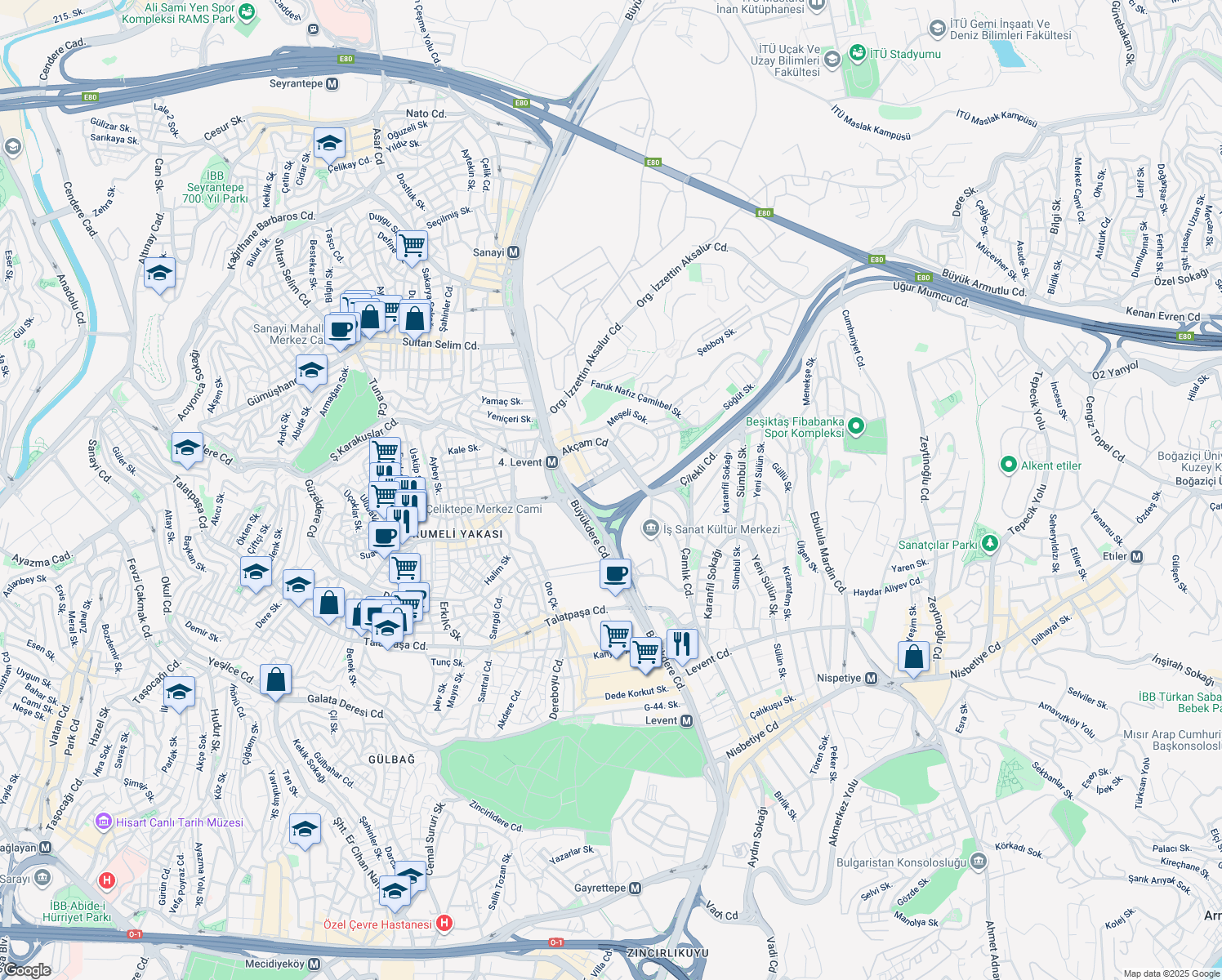 map of restaurants, bars, coffee shops, grocery stores, and more near 2 Sabancı Ak Center Girişi in Beşiktaş