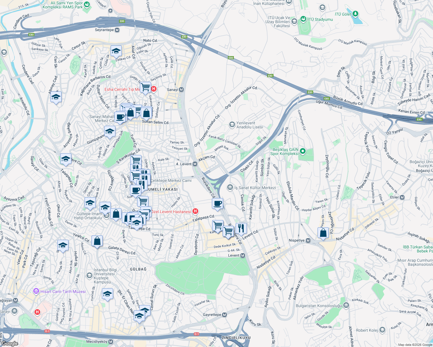 map of restaurants, bars, coffee shops, grocery stores, and more near 2 Sabancı Ak Center Girişi in Beşiktaş