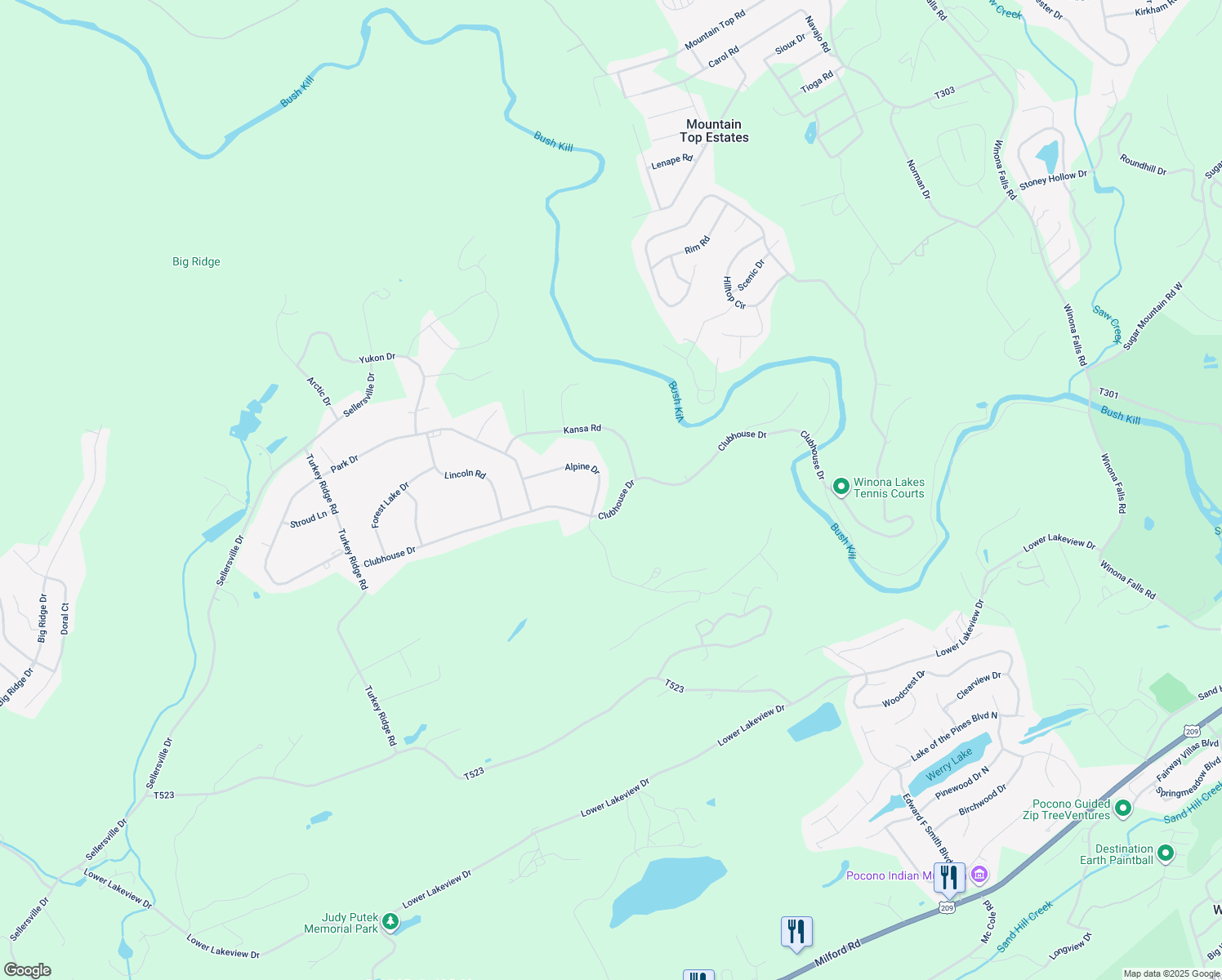 map of restaurants, bars, coffee shops, grocery stores, and more near 1053 Alpine Drive in East Stroudsburg