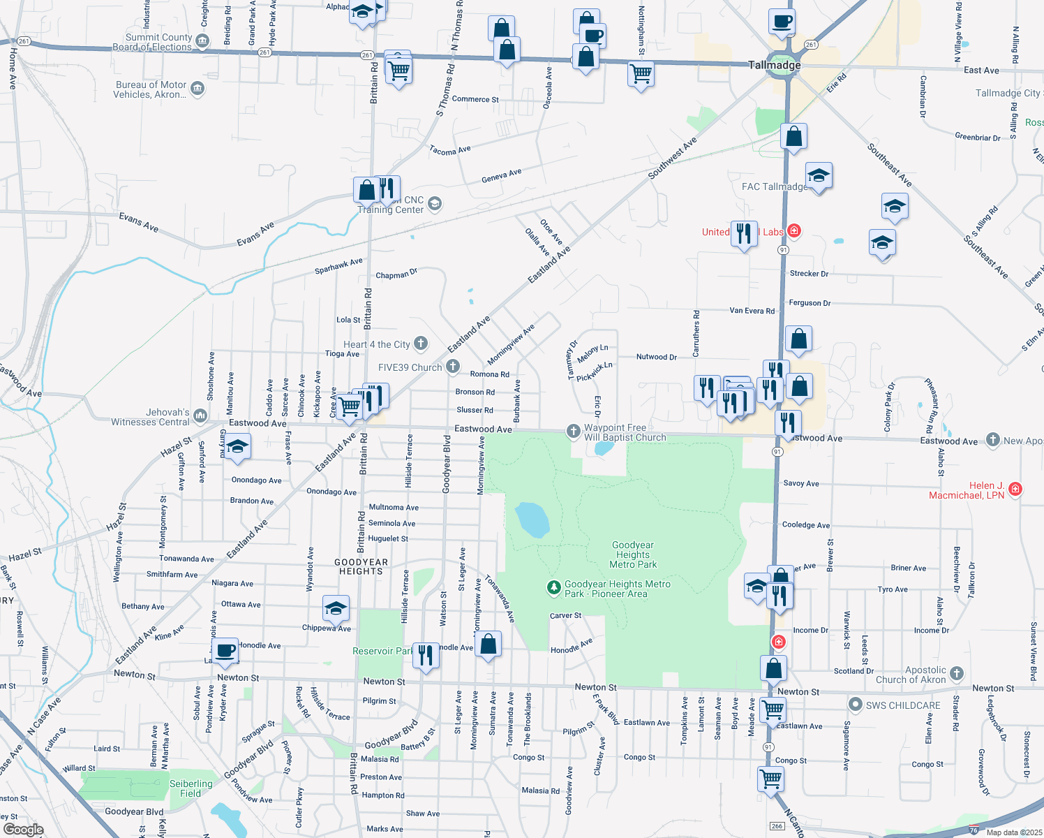 map of restaurants, bars, coffee shops, grocery stores, and more near 877 Burbank Avenue in Akron