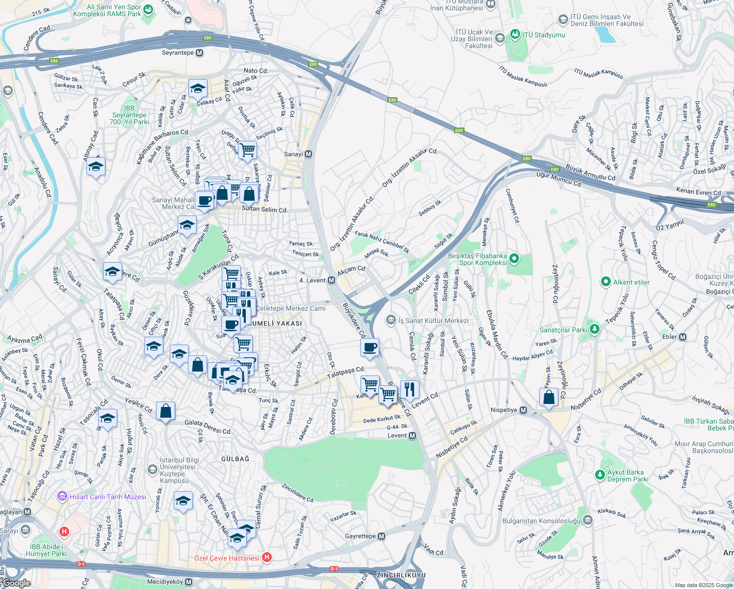 map of restaurants, bars, coffee shops, grocery stores, and more near in Beşiktaş
