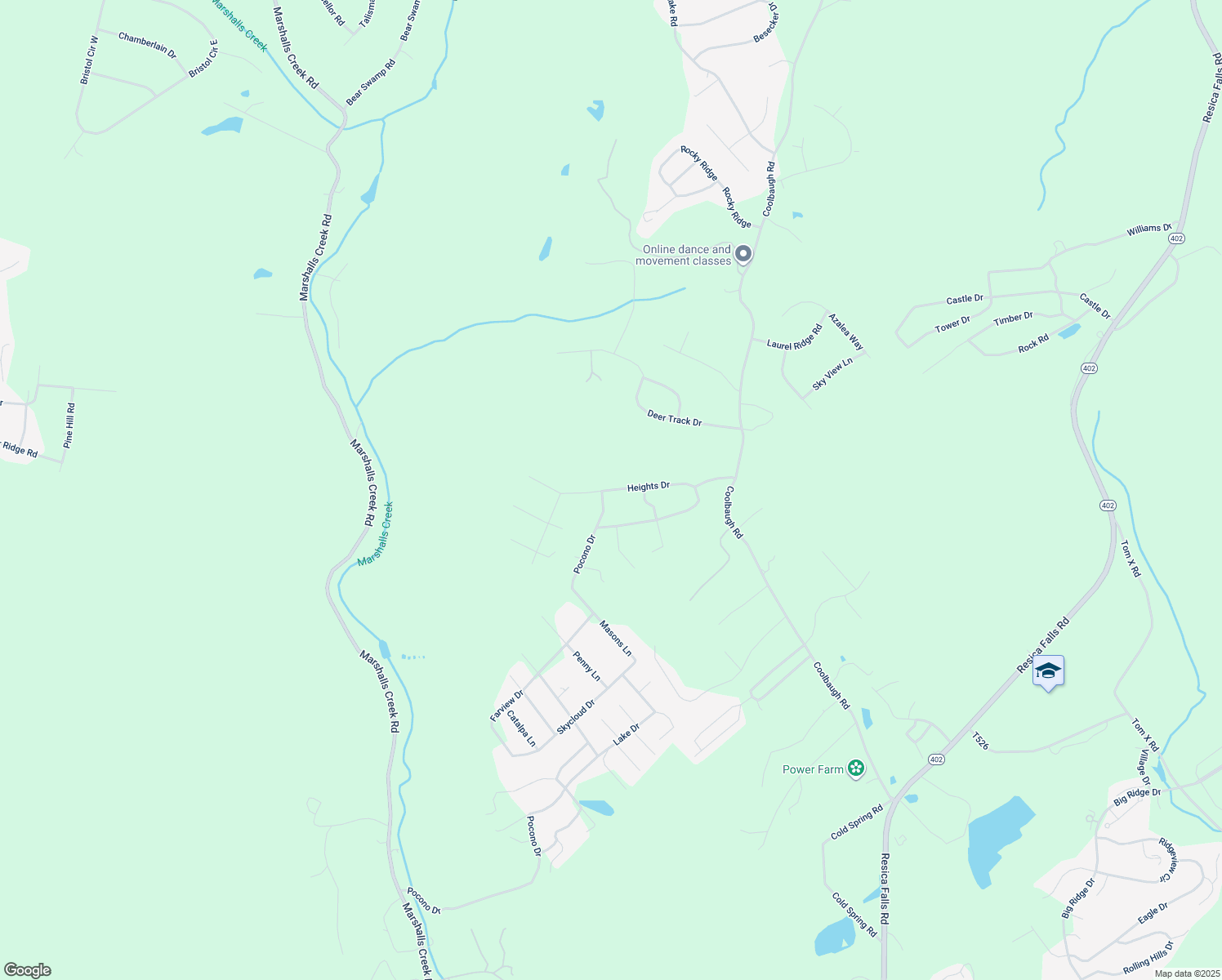 map of restaurants, bars, coffee shops, grocery stores, and more near Heights Drive in East Stroudsburg