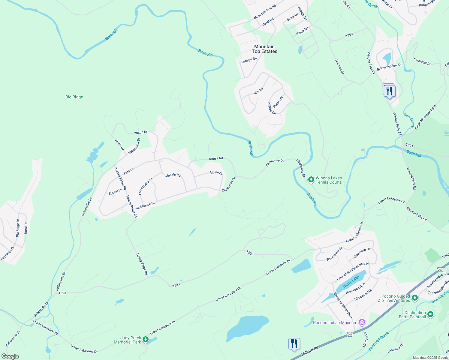 map of restaurants, bars, coffee shops, grocery stores, and more near 1053 Alpine Drive in East Stroudsburg