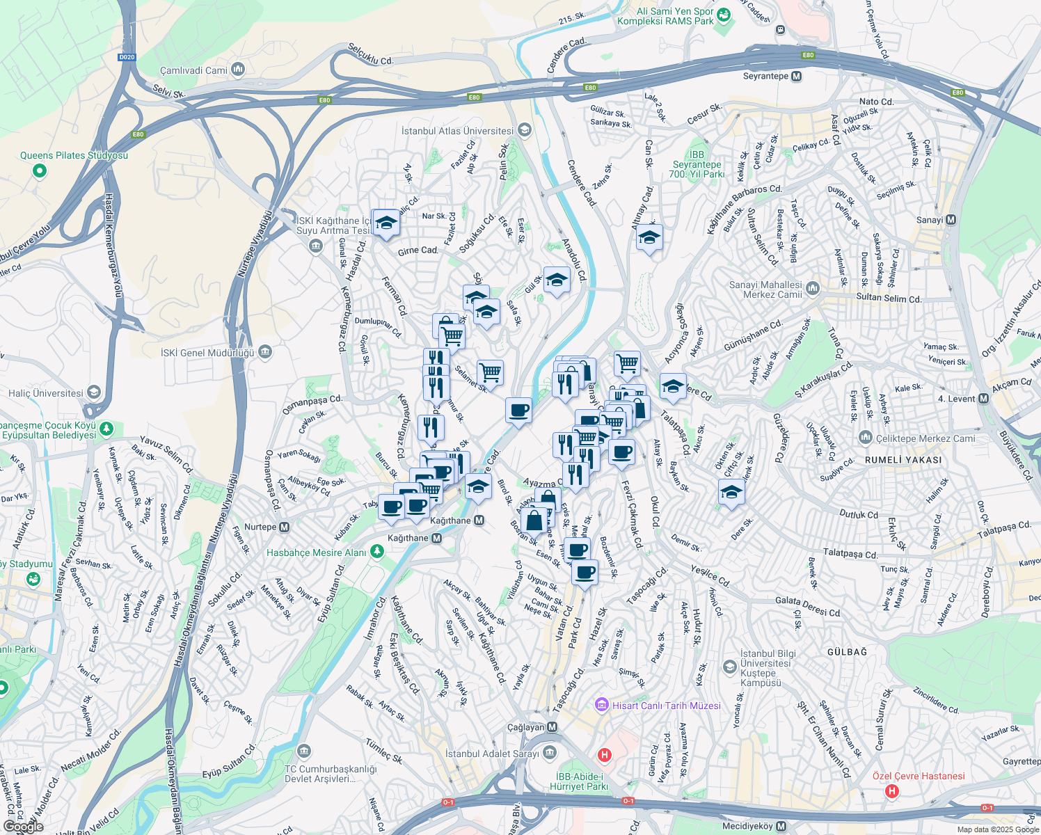 map of restaurants, bars, coffee shops, grocery stores, and more near Cendere Caddesi in Kağıthane