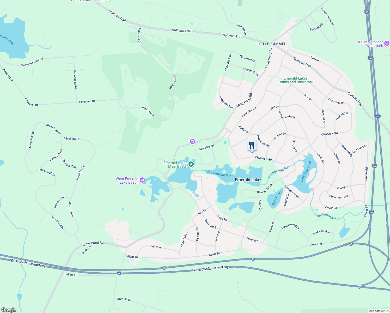 map of restaurants, bars, coffee shops, grocery stores, and more near 188 Gap View Drive in Long Pond
