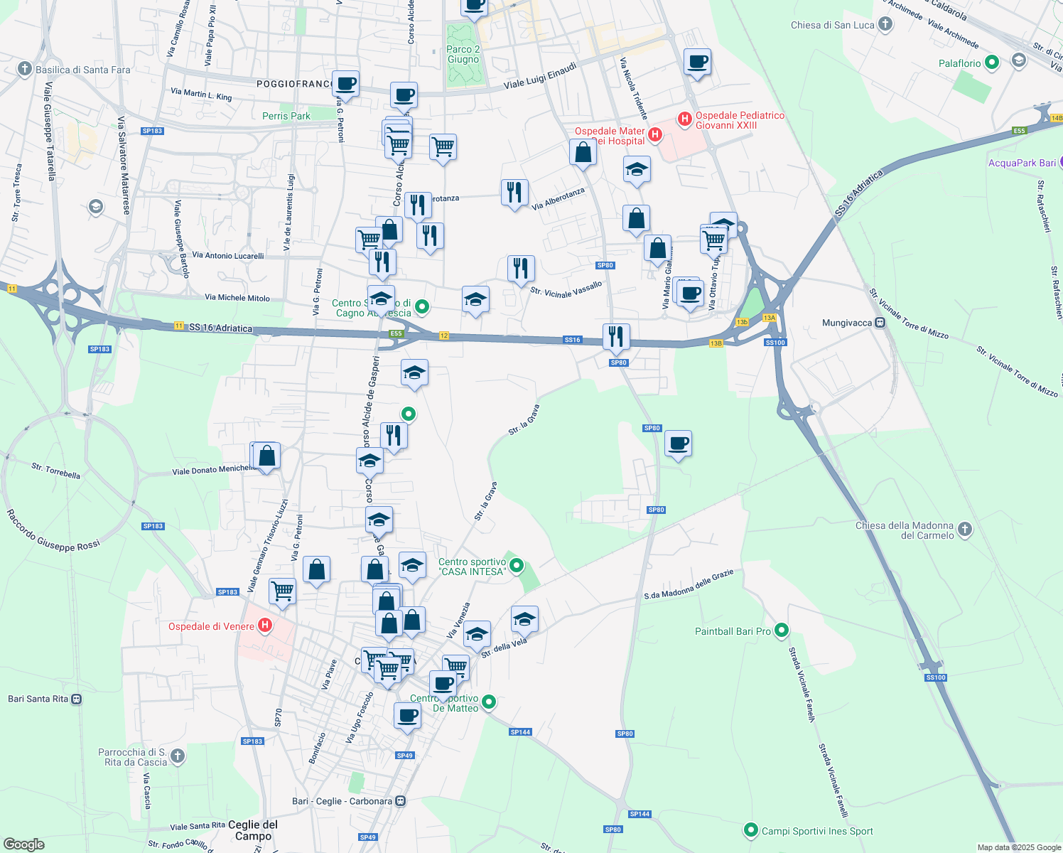 map of restaurants, bars, coffee shops, grocery stores, and more near 16 Strada la Grava in Bari