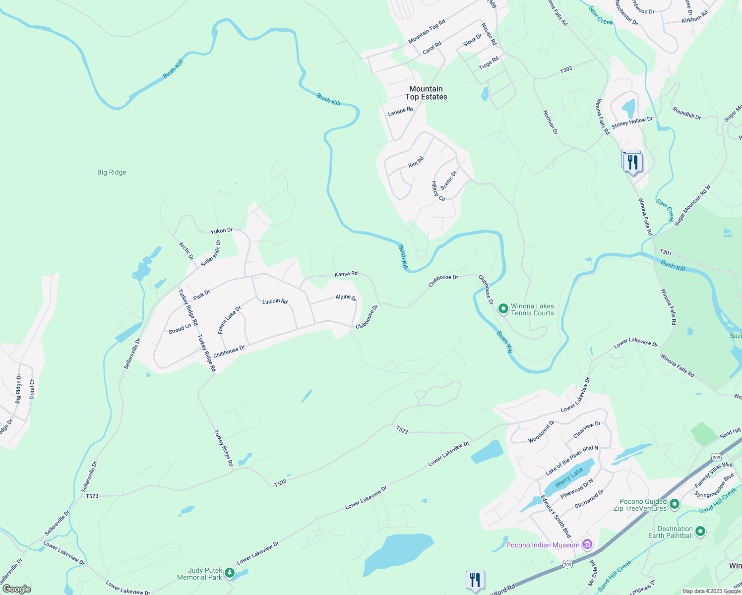 map of restaurants, bars, coffee shops, grocery stores, and more near 6190 Kansa Road in East Stroudsburg