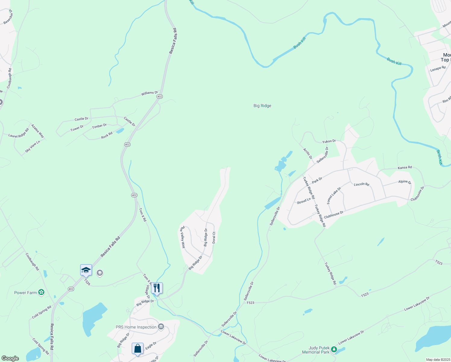 map of restaurants, bars, coffee shops, grocery stores, and more near 1736 Big Ridge Drive in East Stroudsburg