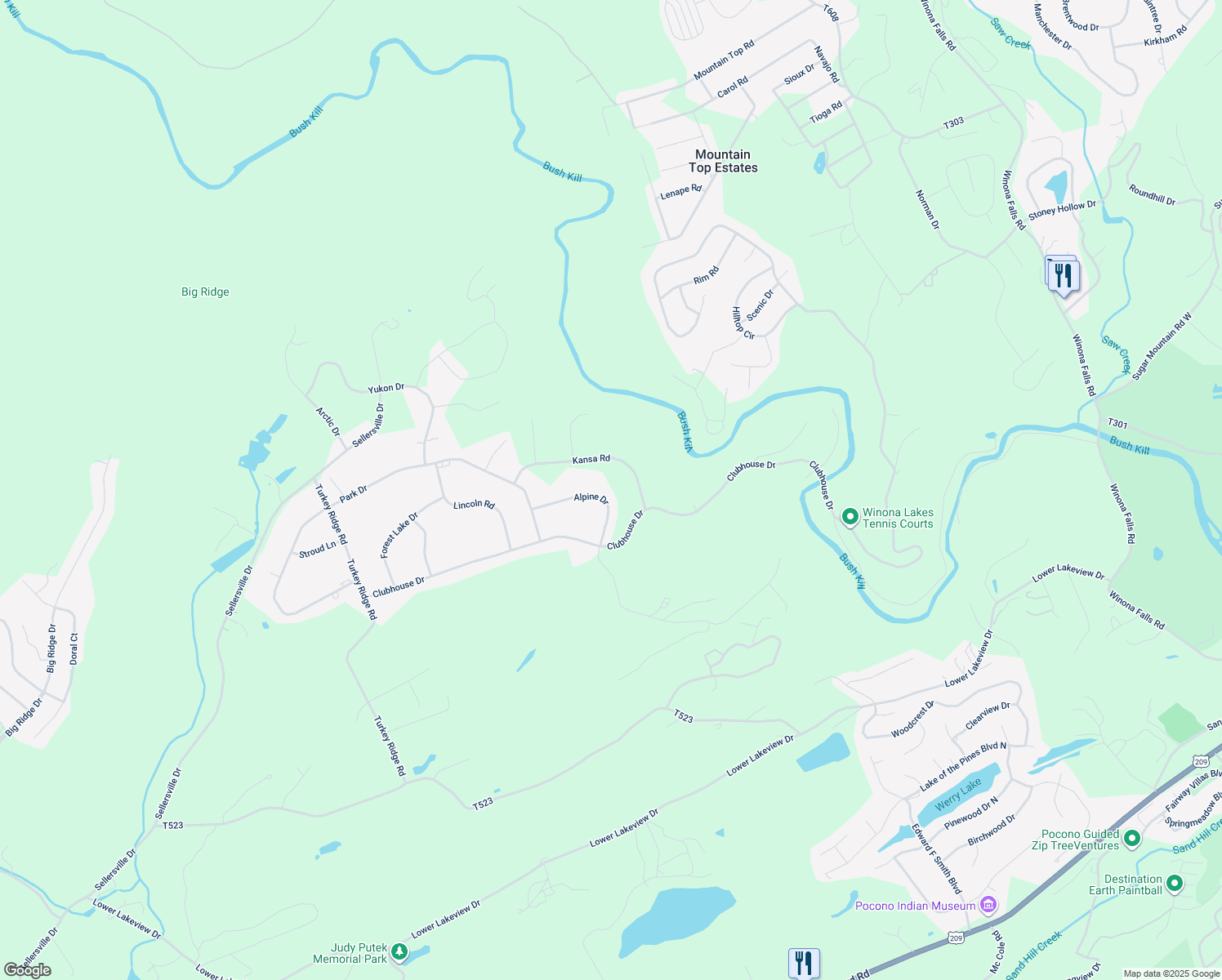 map of restaurants, bars, coffee shops, grocery stores, and more near 1043 Alpine Drive in East Stroudsburg