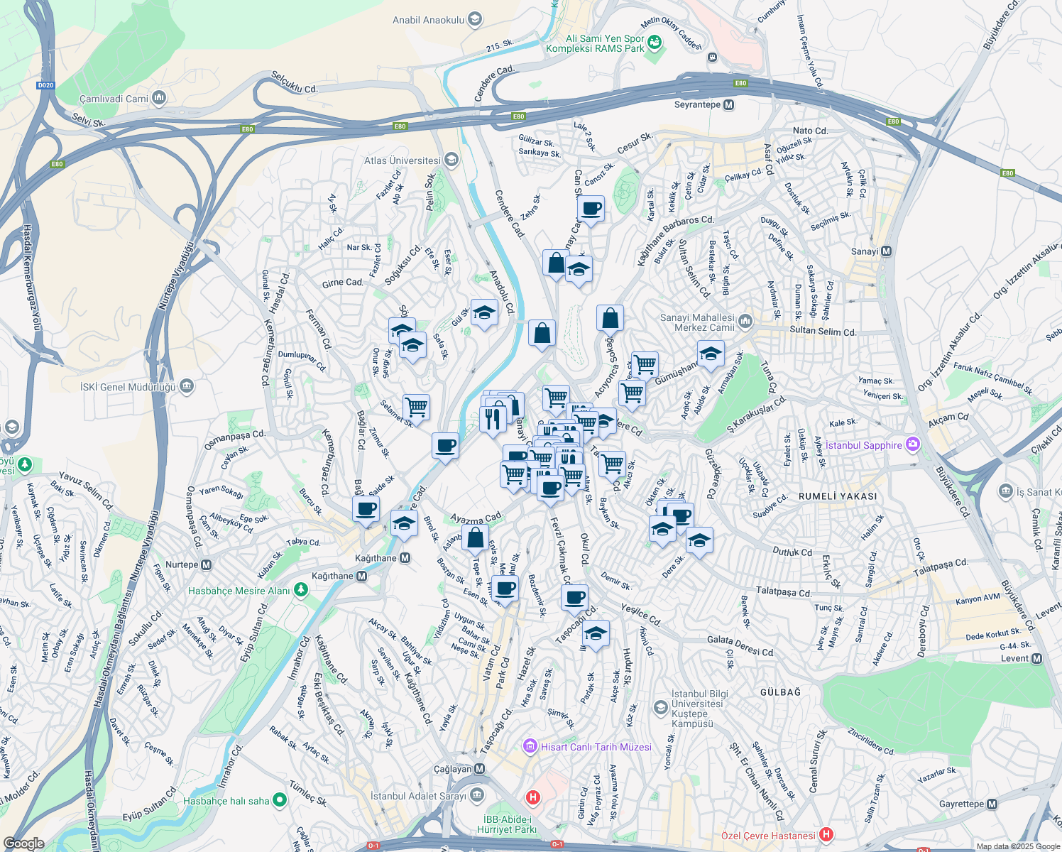 map of restaurants, bars, coffee shops, grocery stores, and more near 34/A Mithatpaşa Caddesi in Kağıthane