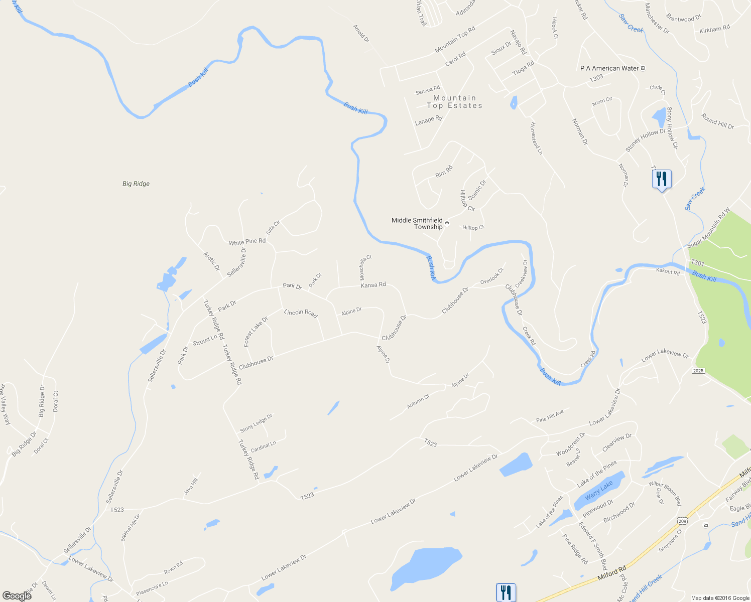 map of restaurants, bars, coffee shops, grocery stores, and more near 744 Alpine Drive in East Stroudsburg