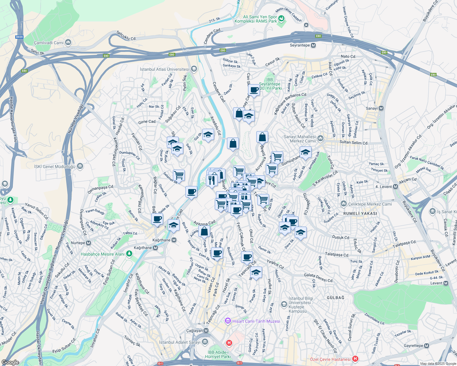 map of restaurants, bars, coffee shops, grocery stores, and more near 34/A Mithatpaşa Caddesi in Kağıthane