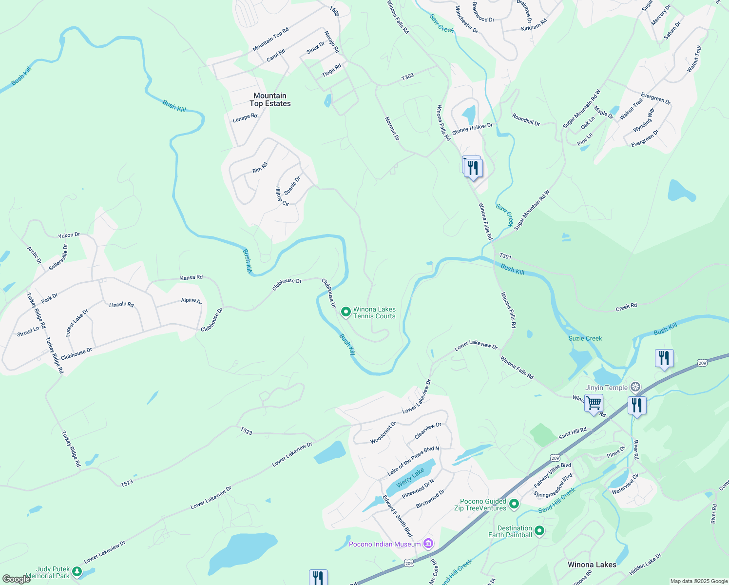 map of restaurants, bars, coffee shops, grocery stores, and more near 545 Clubhouse Drive in East Stroudsburg