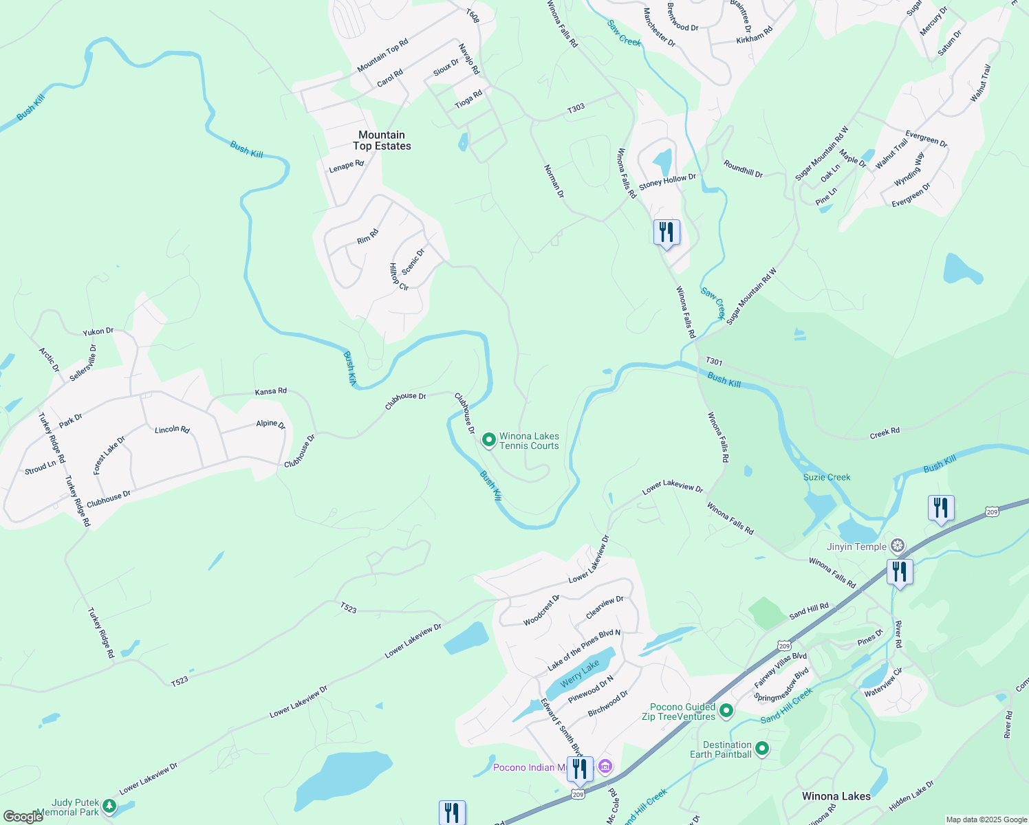 map of restaurants, bars, coffee shops, grocery stores, and more near 545 Clubhouse Drive in East Stroudsburg